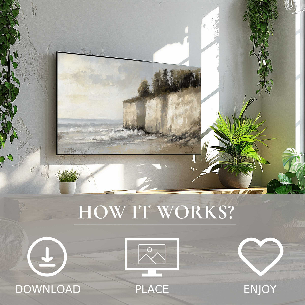 Coastal art for Samsung TV: digital download with soft seaside tones enriches minimalist decor in a sleek living space