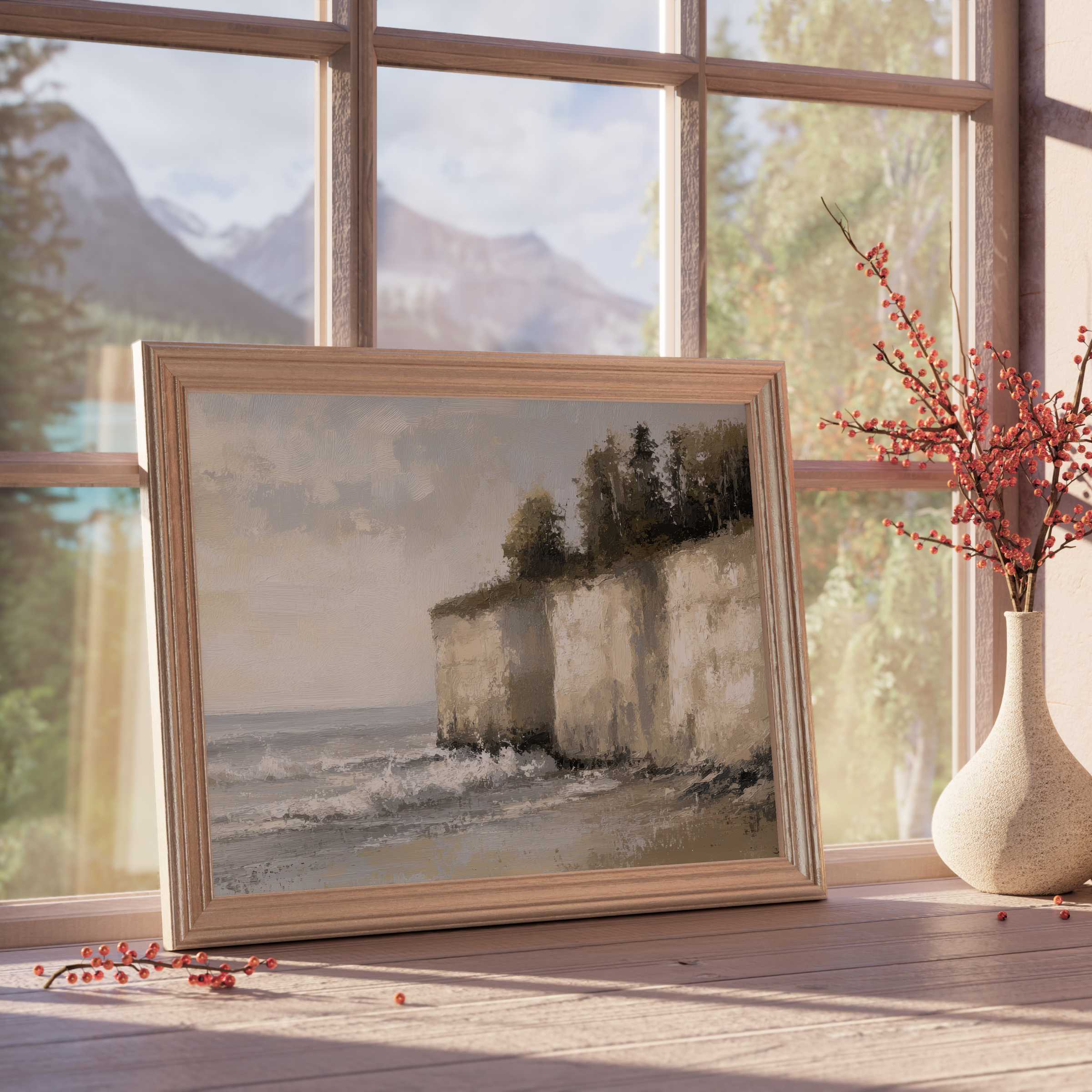 Coastal downloadable art capturing serene cliffs and gentle waves, perfect for elevating tranquil, curated interiors