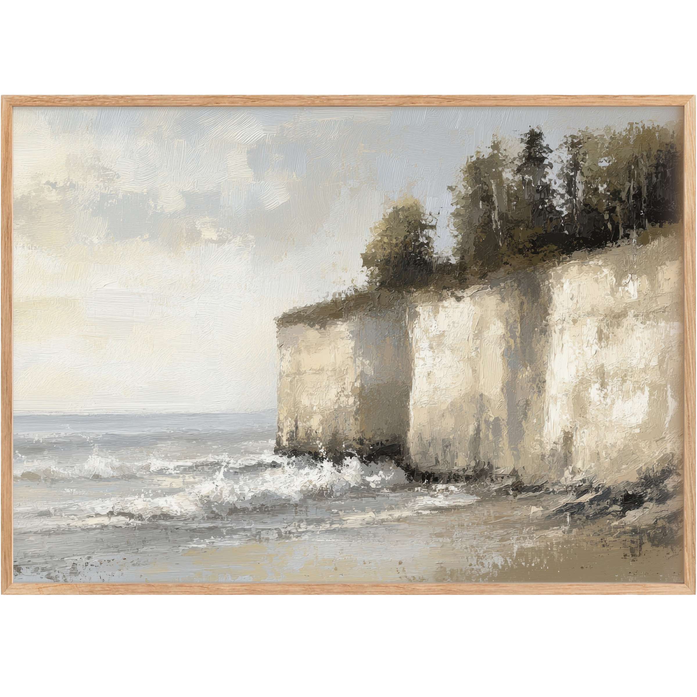 Coastal printable wall art capturing serene cliffs and gentle waves in muted grays and soft earth tones for a calming, sophisticated ambiance
