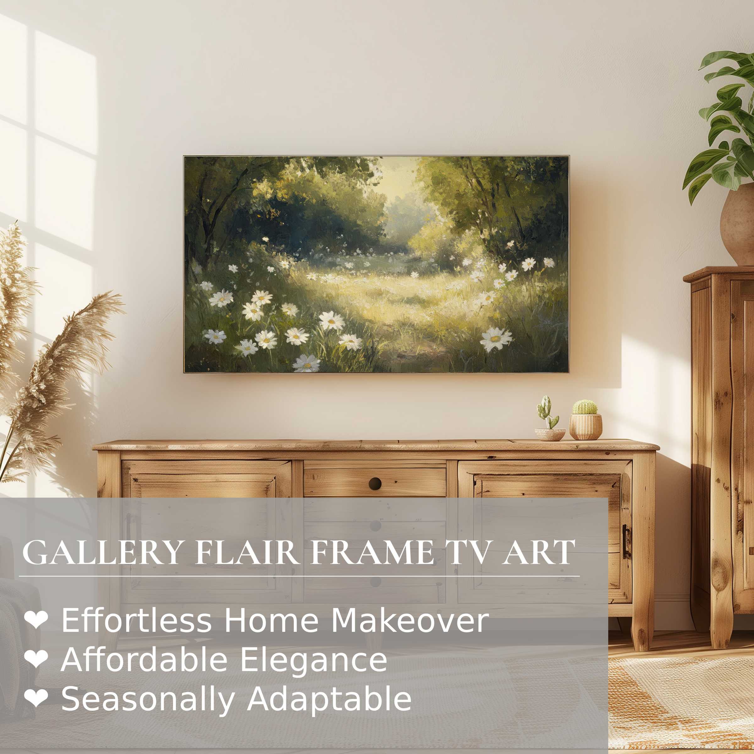 Samsung Frame TV displaying serene summer digital artwork of sunlit meadow with daisies, perfect for elegant home decor