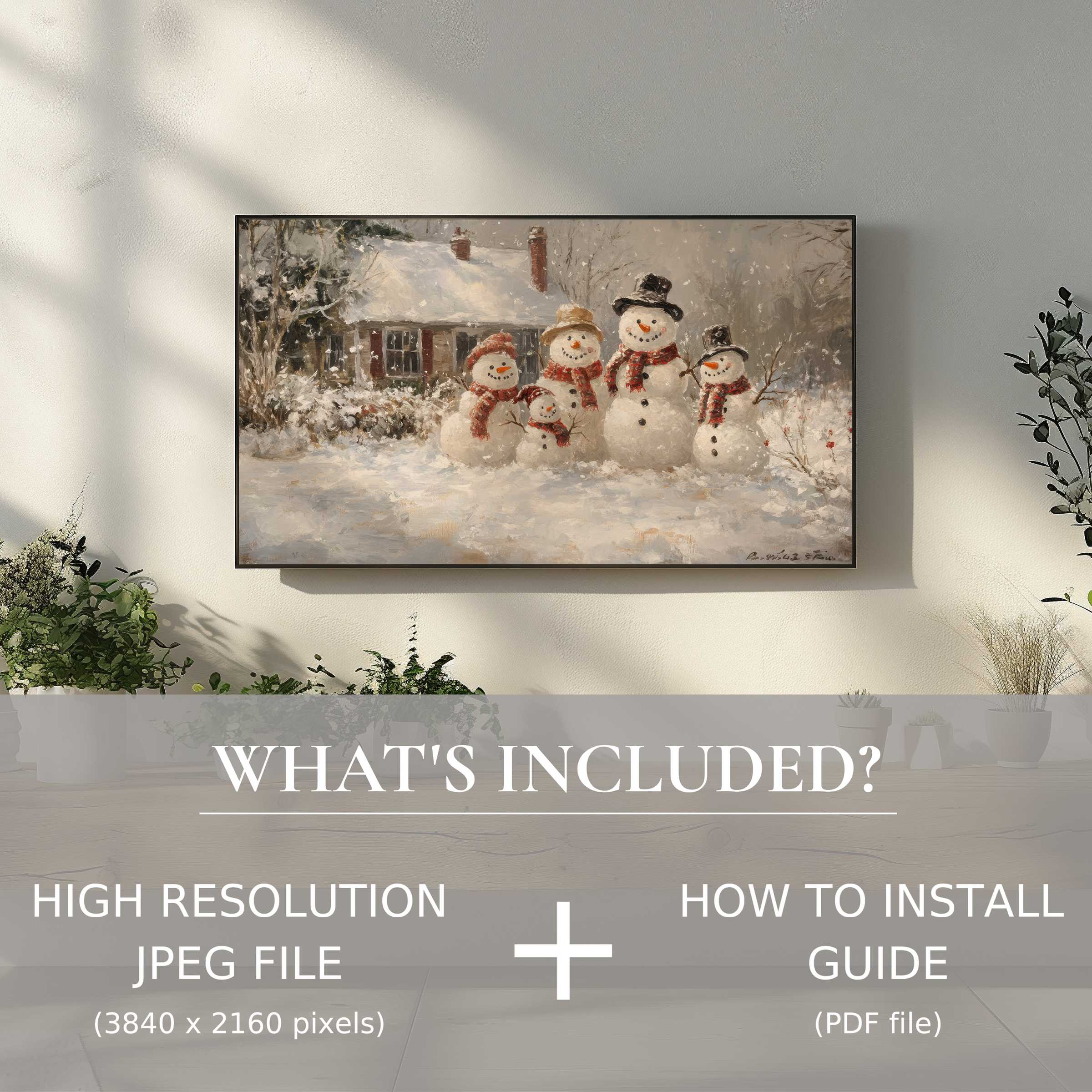 Elegant Christmas digital TV art download featuring snowman scene, effortlessly enhancing your living space with easy digital use