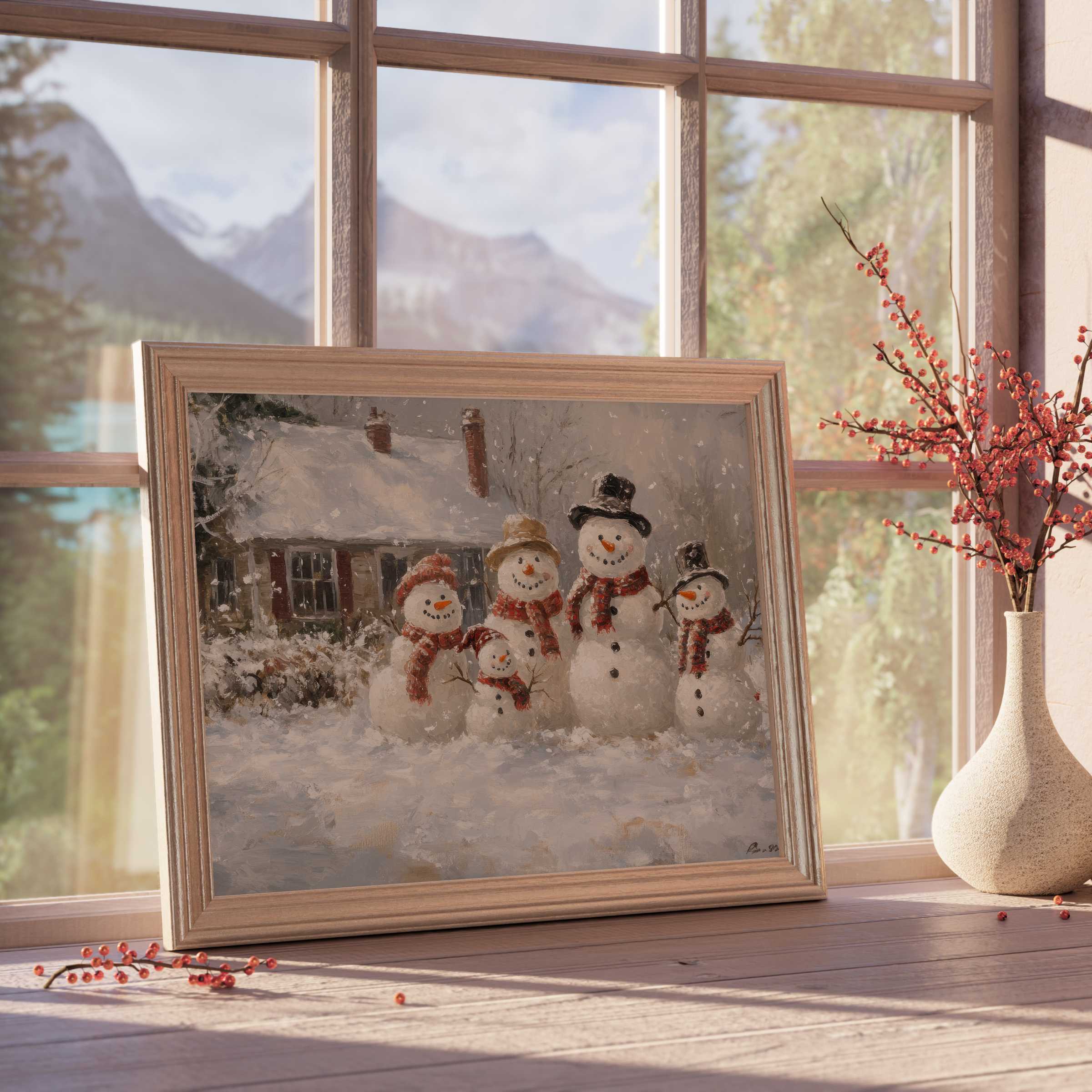 Christmas downloadable art capturing a joyful snowman family framed in warm, serene winter light, elevating cozy, stylish interiors