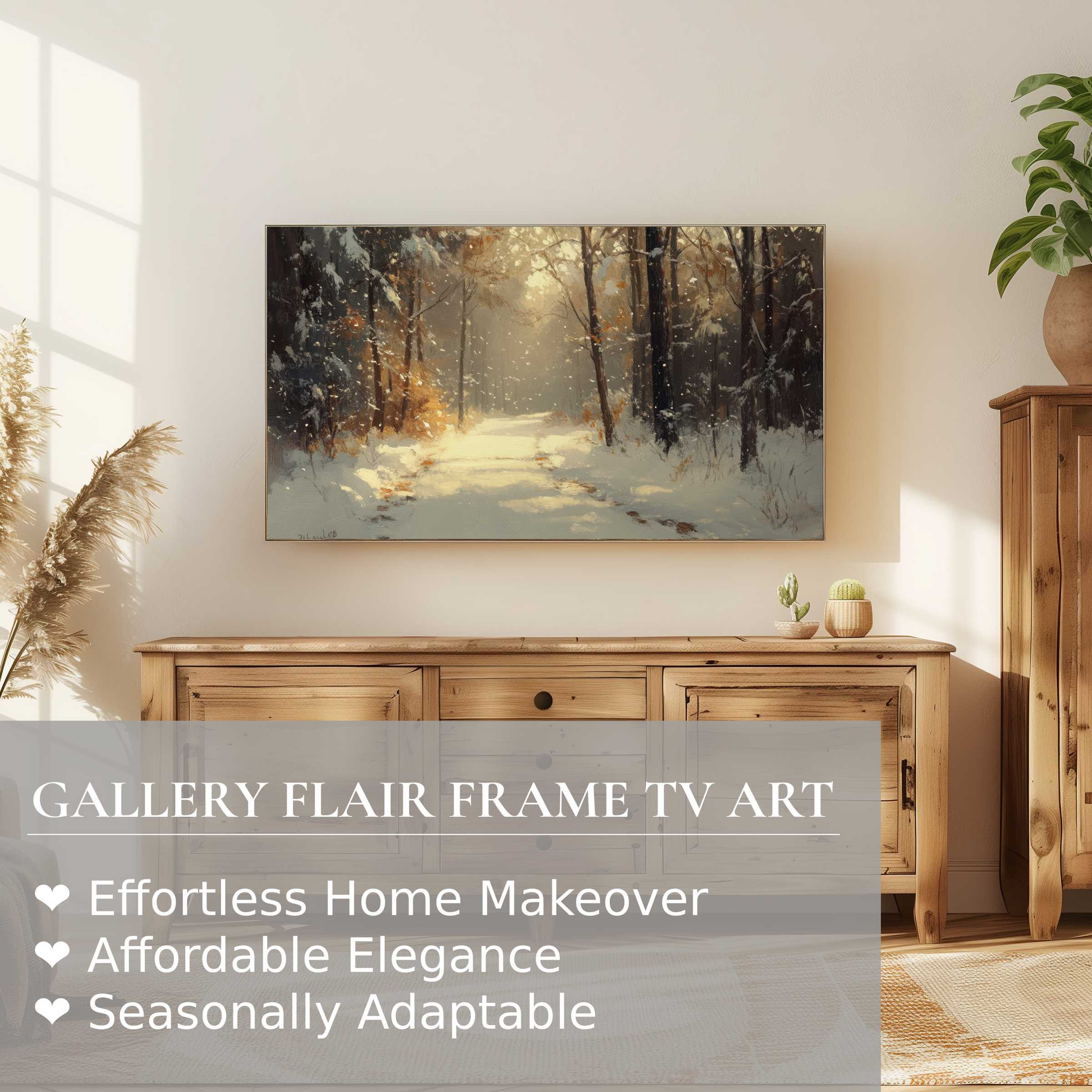 Samsung Frame TV displaying serene winter digital artwork, blending cozy natural wood tones with modern elegance