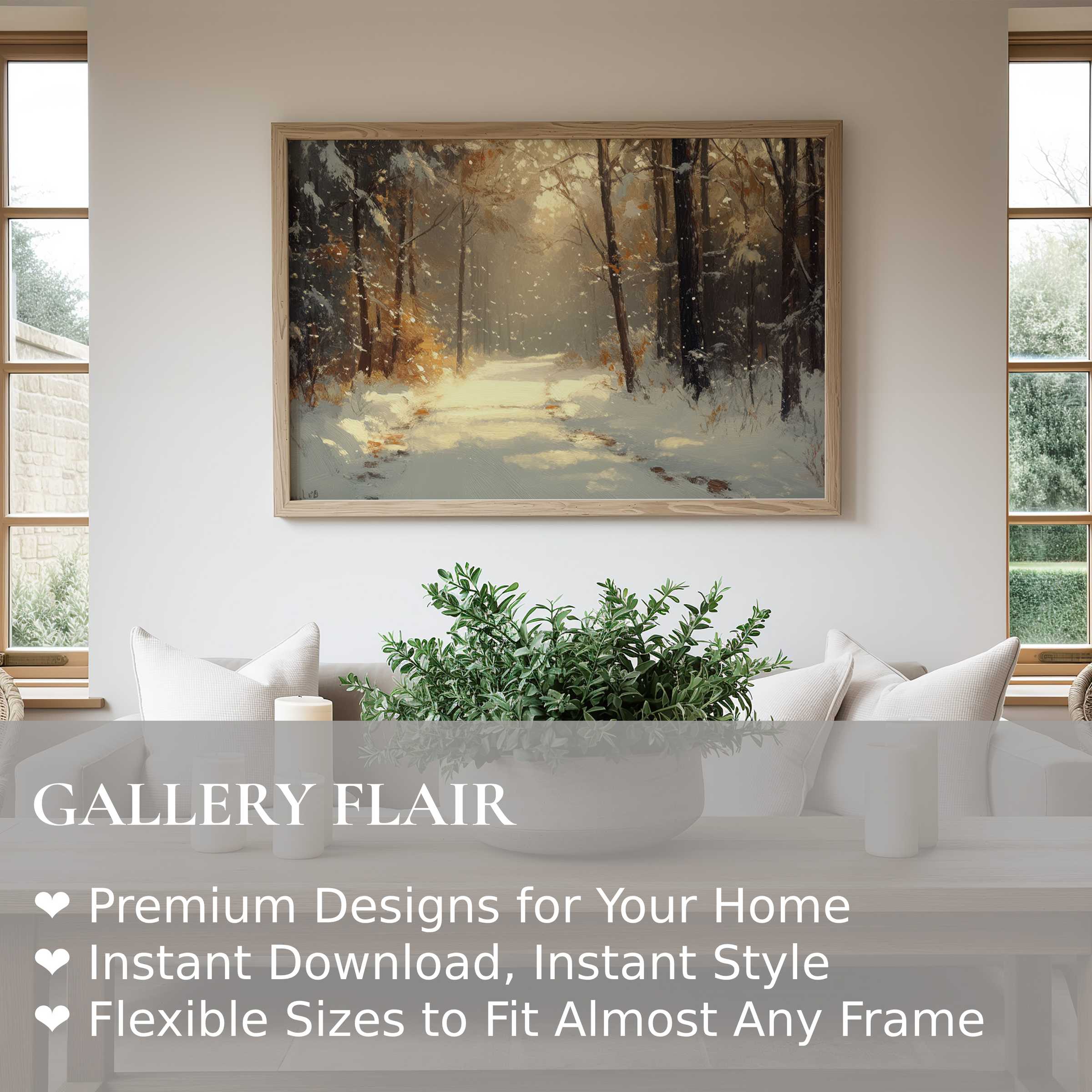Winter wall art print capturing a serene snow-covered forest path with warm light, enhancing modern minimalist interiors with calming elegance