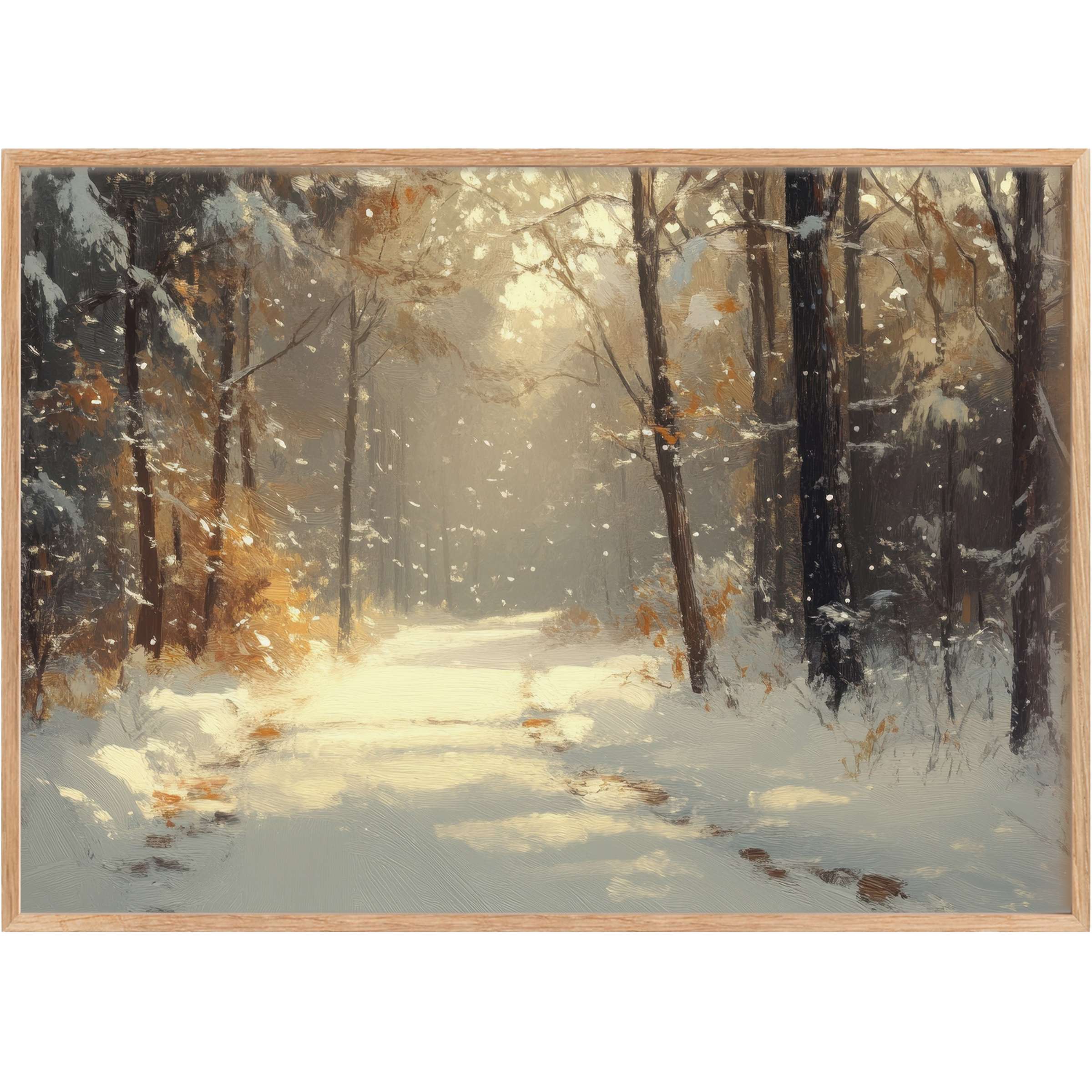 Winter printable wall art with serene snow-dusted forest path, glowing soft gold and muted browns, evoking calm and warmth
