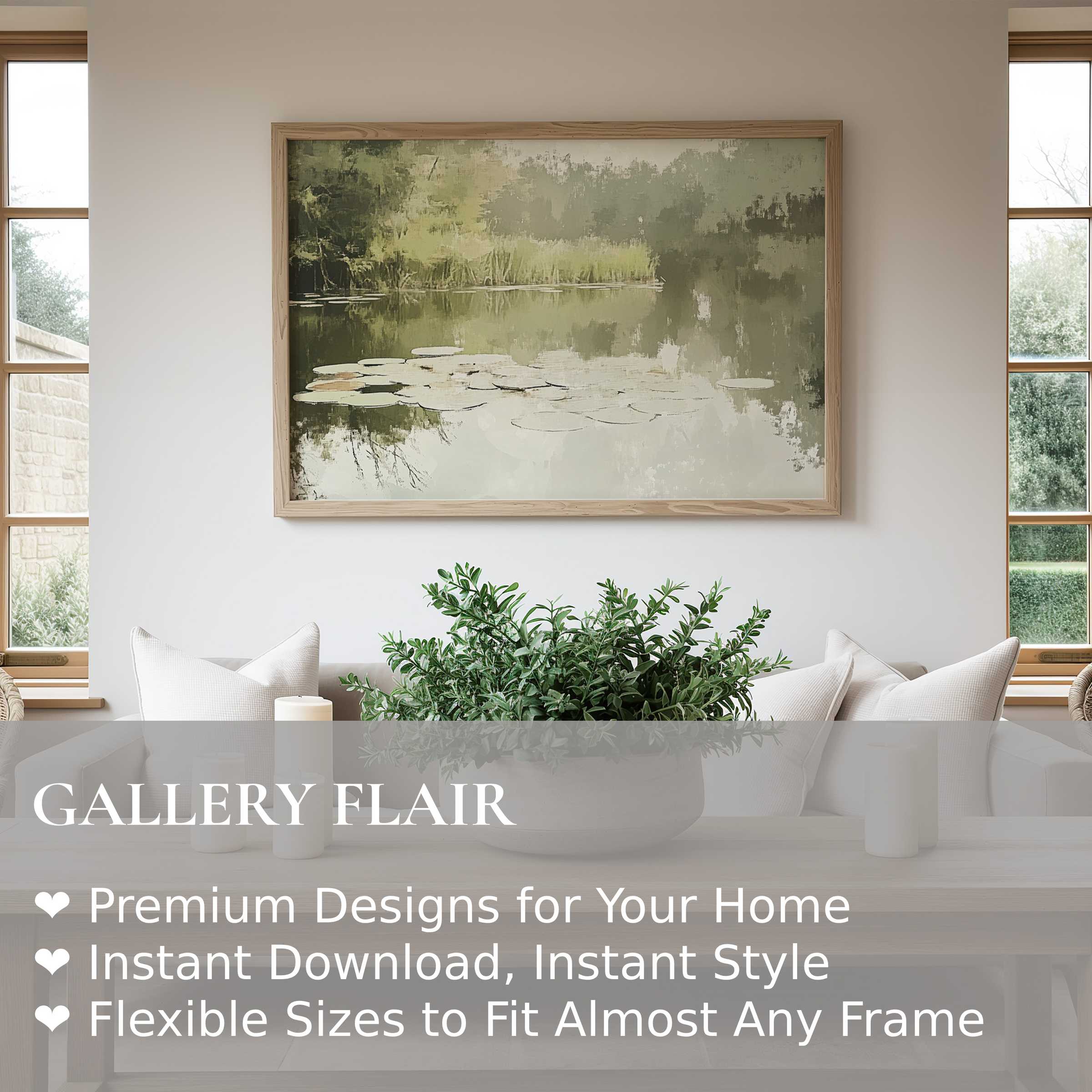 Spring wall art print featuring serene lily pads and soft reflections, enhancing tranquil modern living spaces with natural elegance