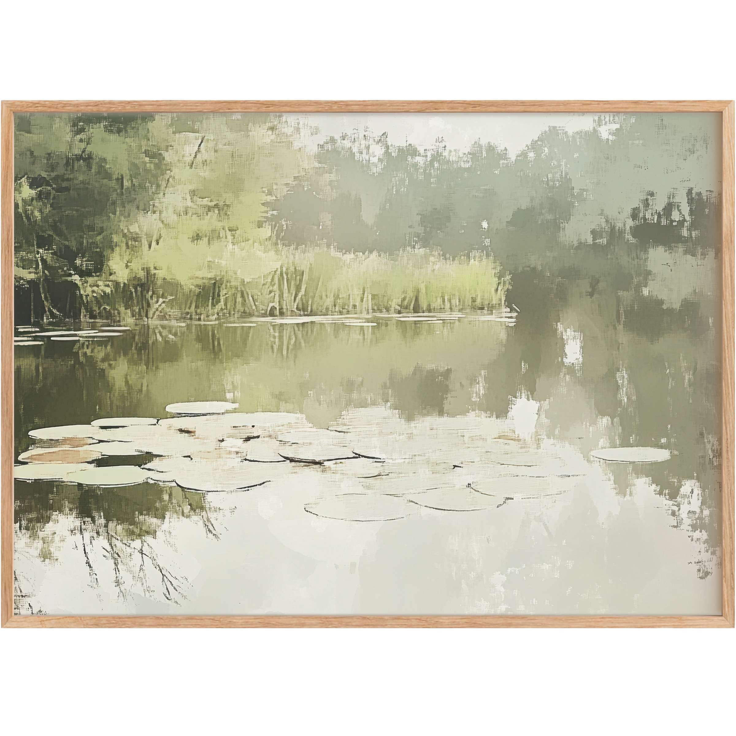 Serene spring printable wall art capturing a tranquil pond with soft greens and muted grays for a calming, refined ambiance