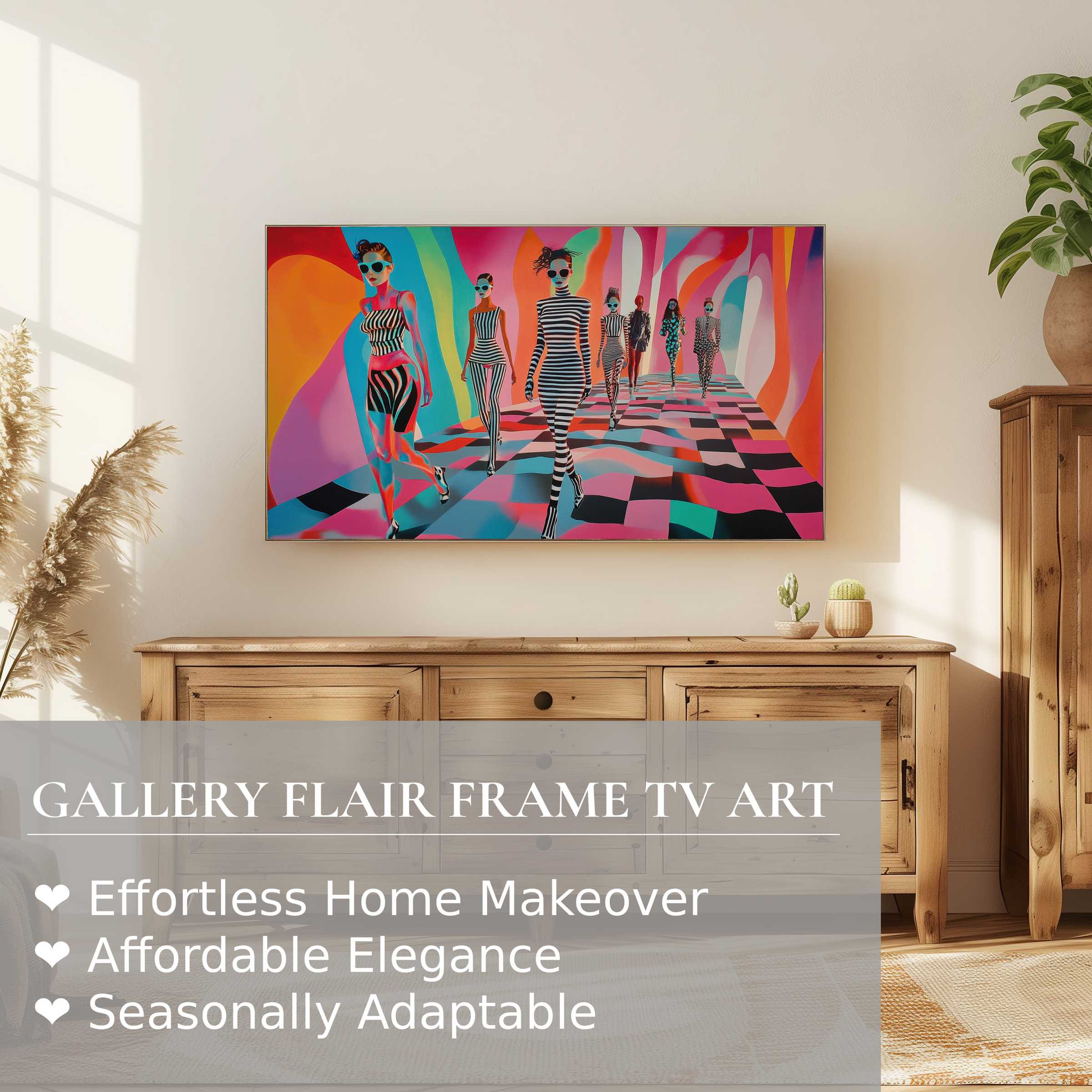 Modern living room with Samsung Frame TV displaying vibrant pop art digital artwork of fashion models in stripes