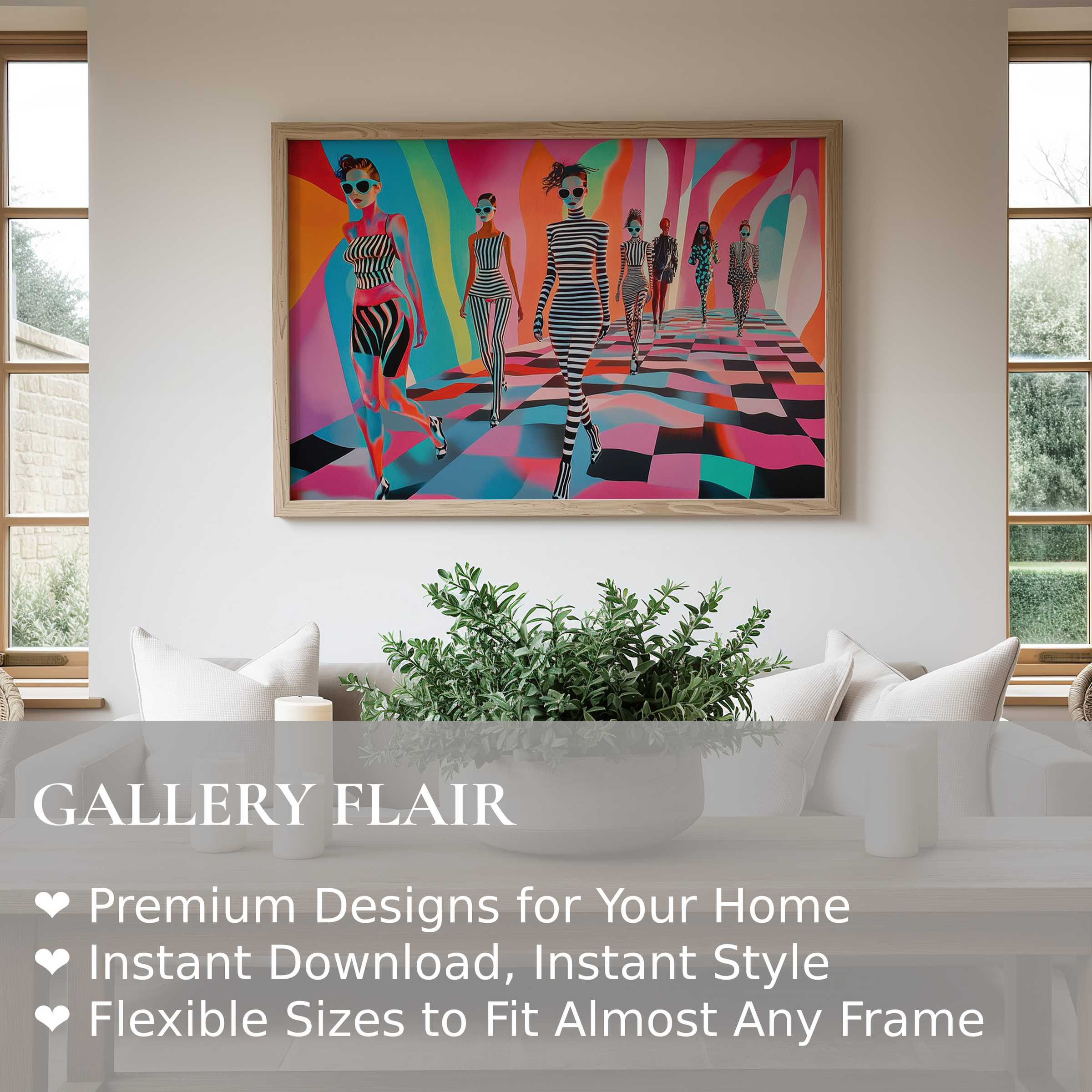 Pop art wall art print featuring bold, colorful fashion figures in a modern minimal living room, enhancing vibrant contemporary style