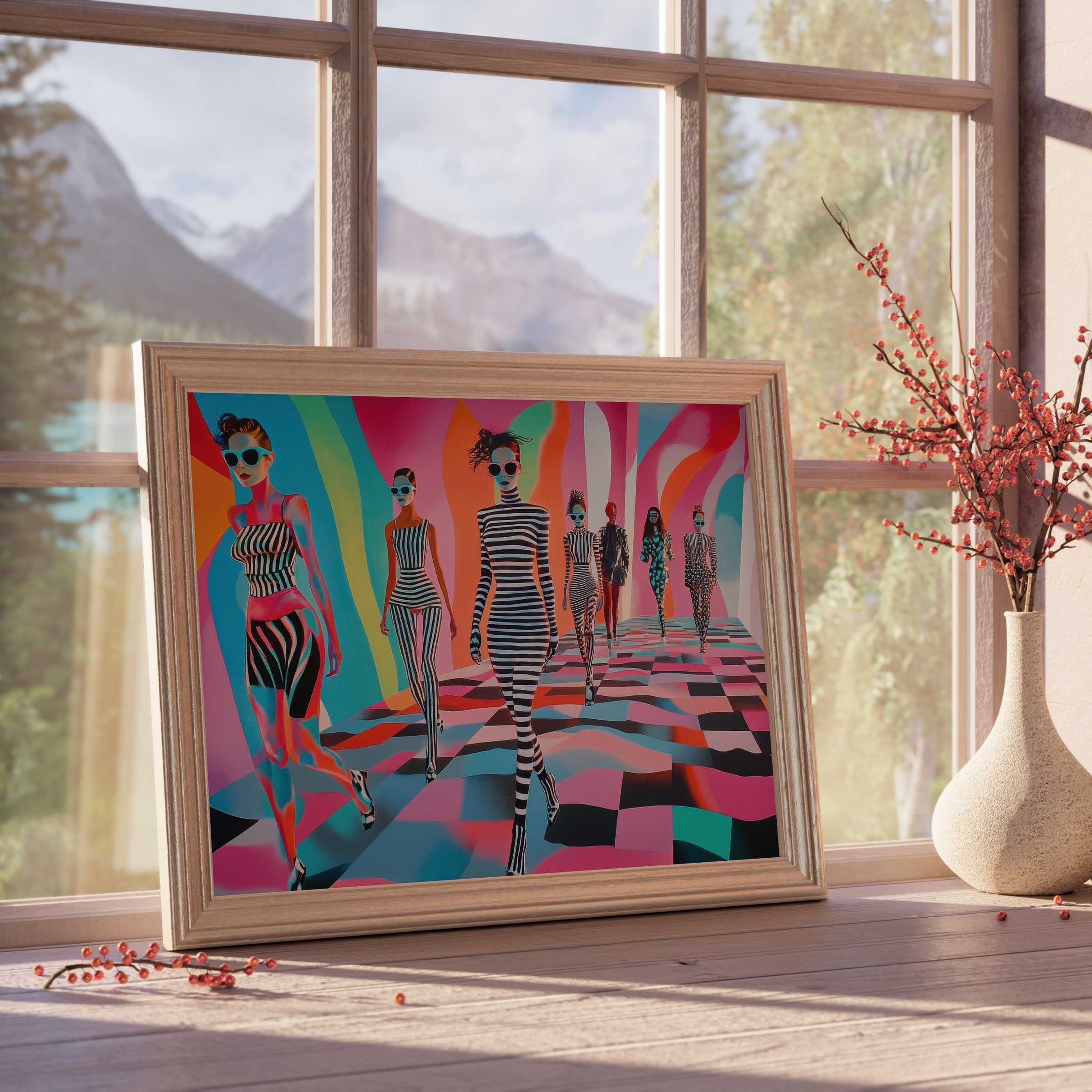 Vibrant pop art downloadable art featuring bold striped figures and dynamic color flows, elevating chic, modern interiors with stylish energy