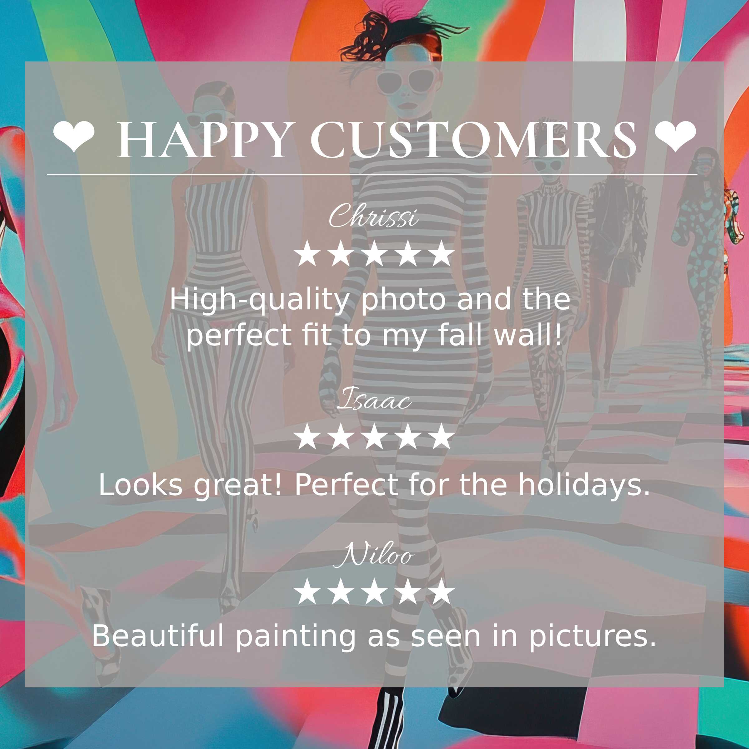Pop art for Frame TV shows abstract sunset hues with happy customer reviews affirming quality and elegant design