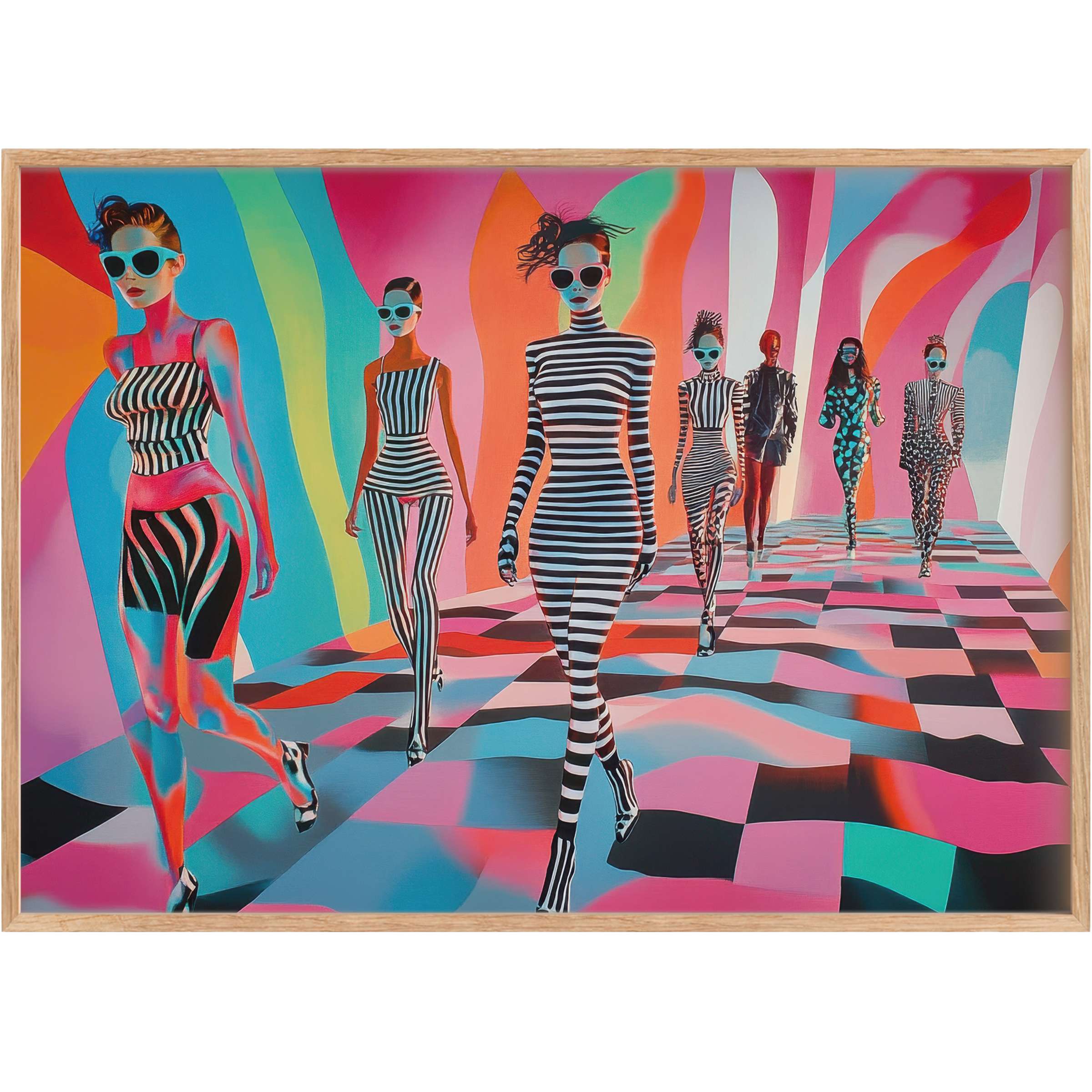 Pop art printable wall art radiates bold energy with sleek black-and-white stripes against vivid pink, orange, and teal waves
