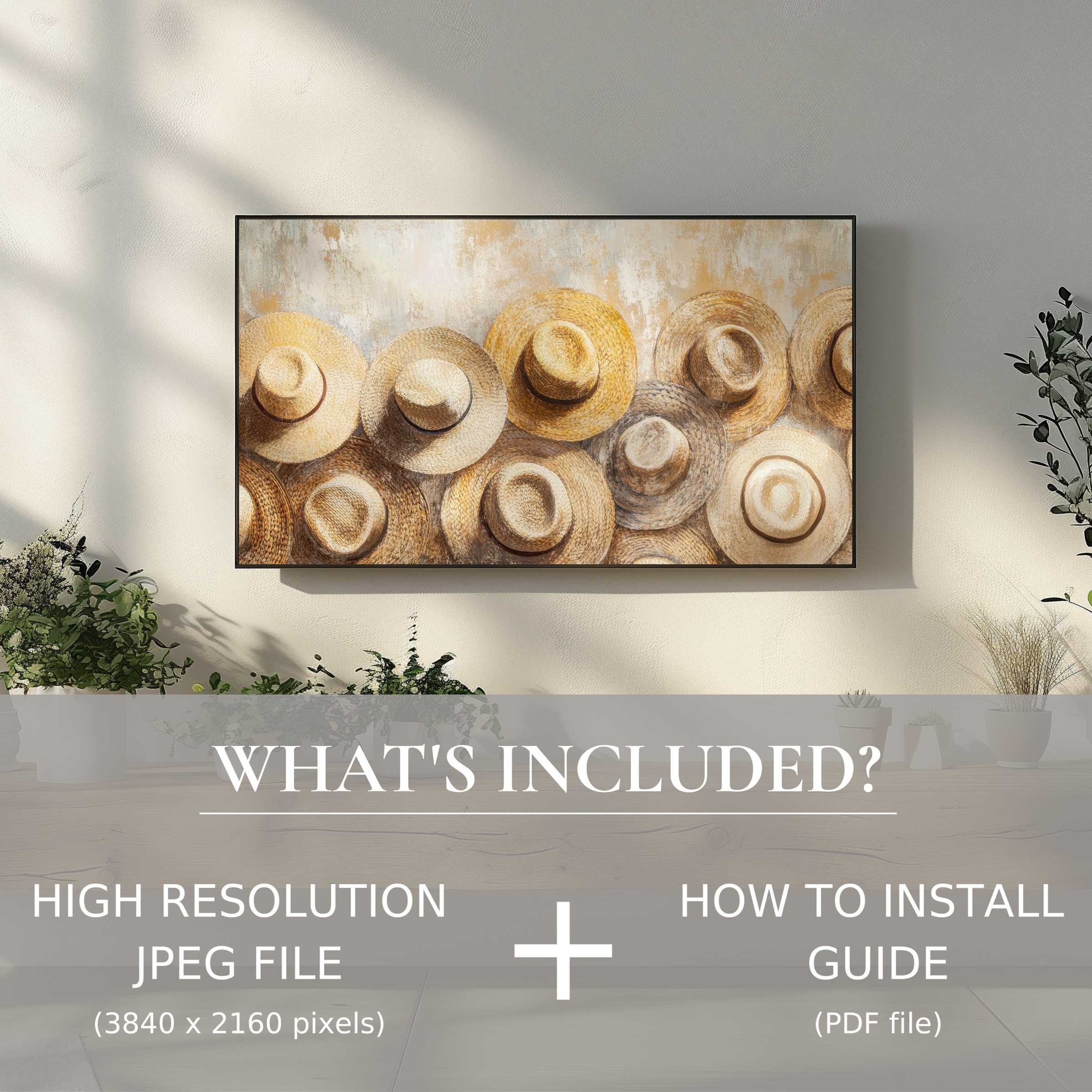 Elegant boho digital TV art download of woven hats, enhancing your space with effortless style and easy digital use
