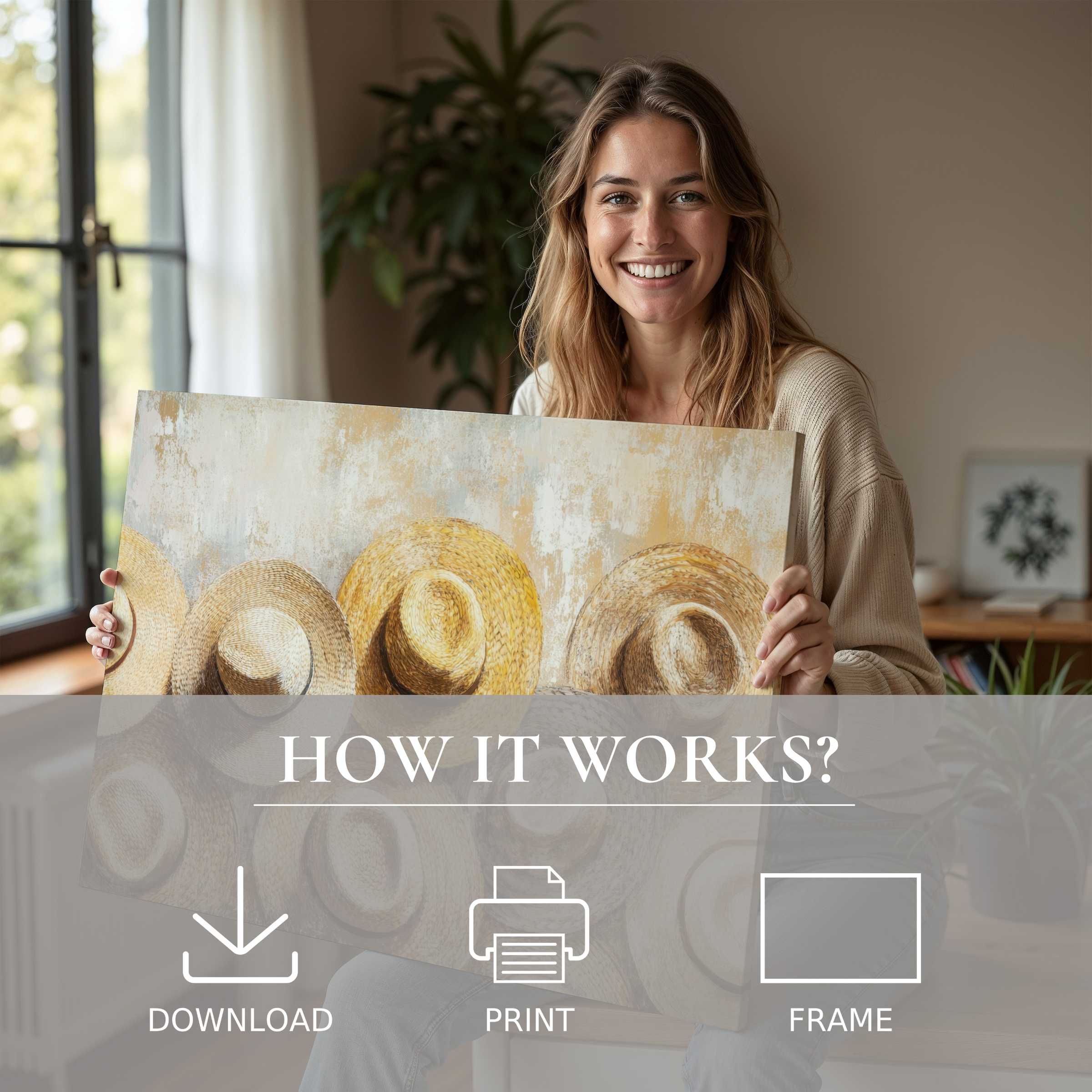 Boho digital art print radiates warmth and joy in a serene modern home, elevating everyday living with effortless elegance