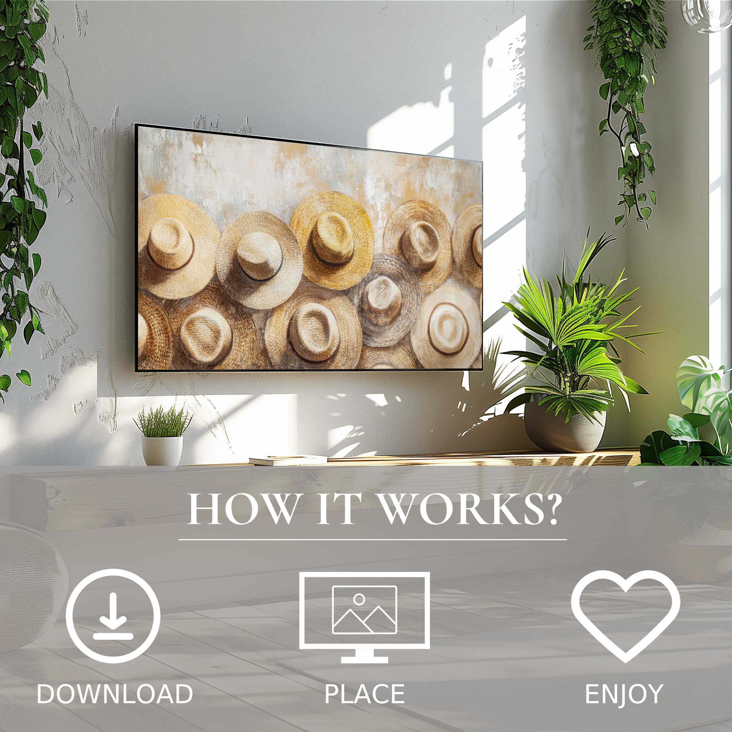 Boho art for Samsung TV with warm straw hat motif, simple digital download enriching modern living spaces