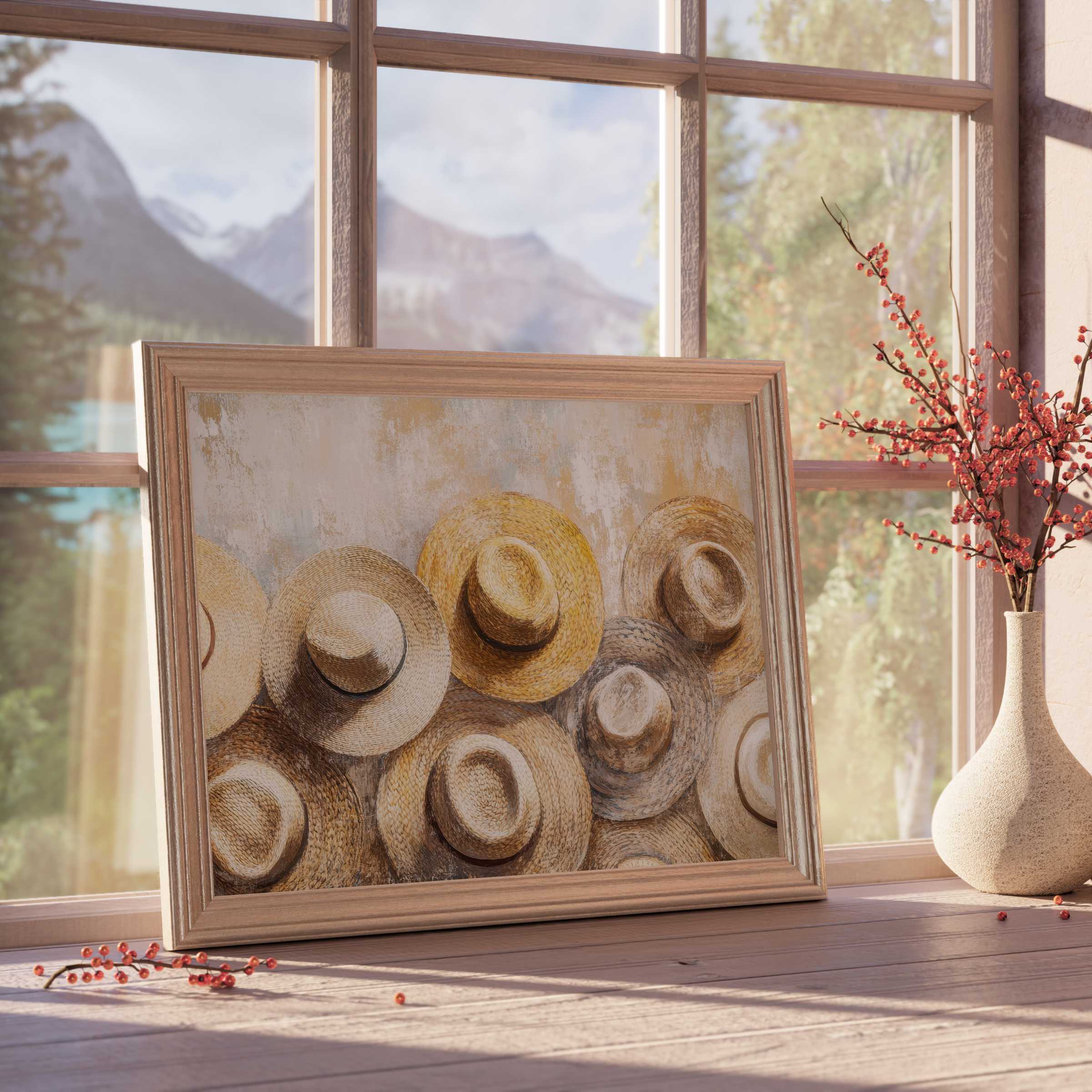 Boho downloadable art featuring textured straw hats in warm neutrals, elevating serene, curated interiors with rustic charm and natural elegance