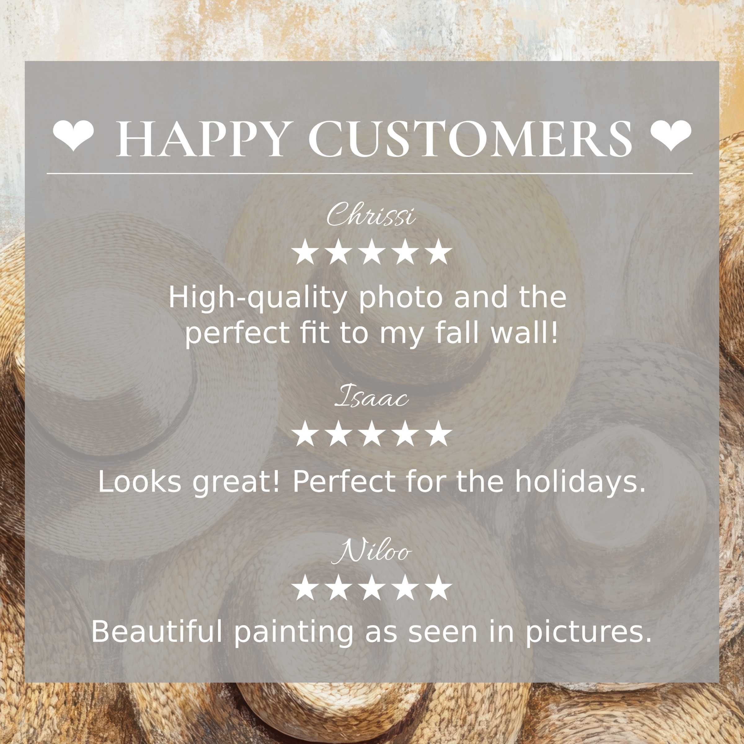 Boho art for Frame TV with abstract straw hats background, showcasing happy customer reviews and refined, trusted style