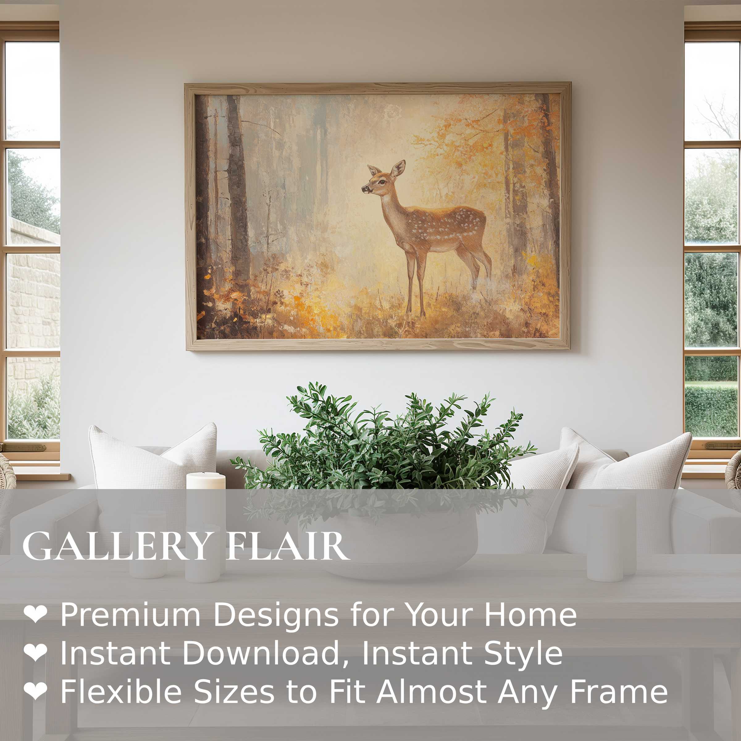 Elegant fall wall art print featuring a serene deer in a radiant autumn forest, enhancing modern minimalist interiors with warm, calming hues