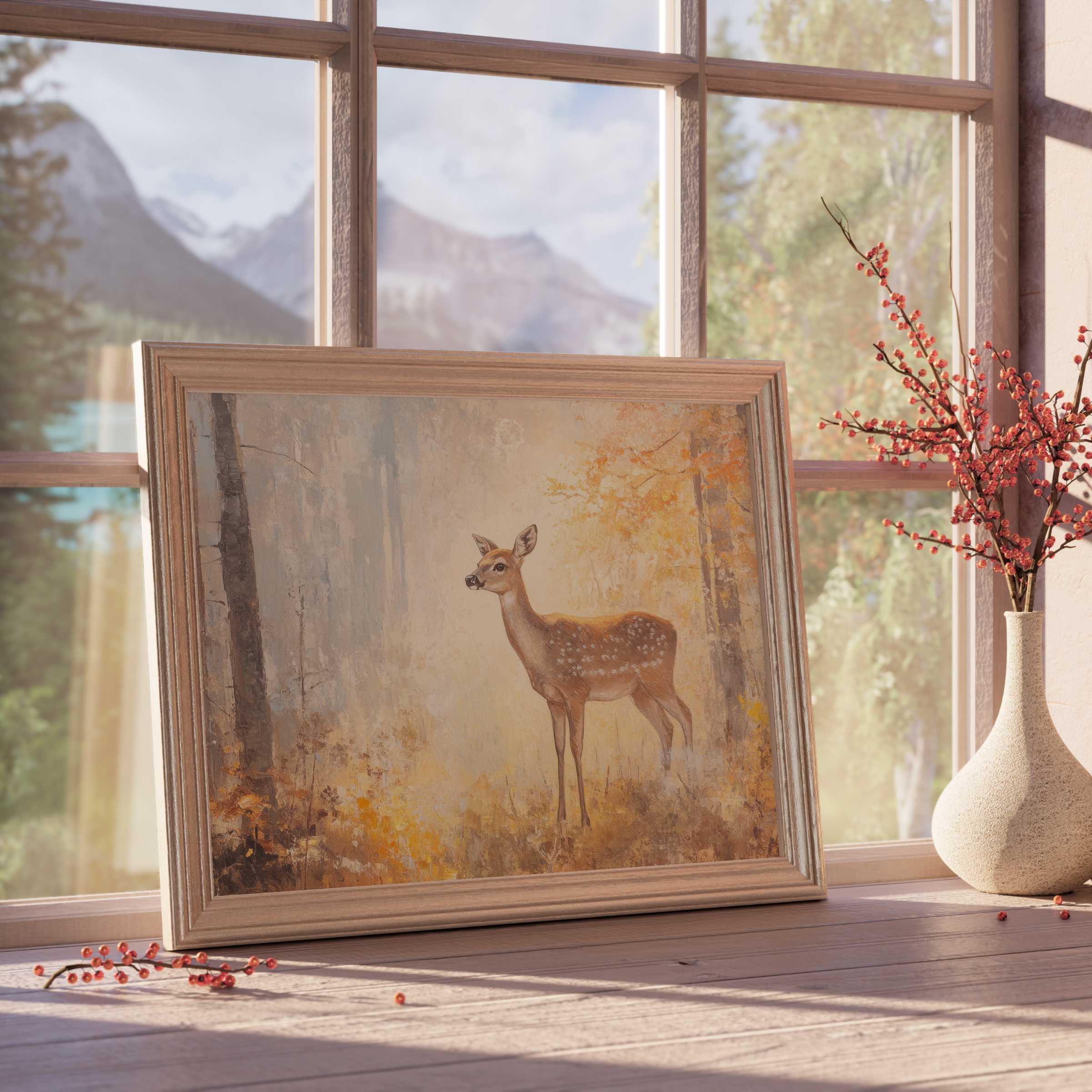 Elegant fall downloadable art featuring a serene doe framed by autumnal hues, enhancing tranquil, curated interiors