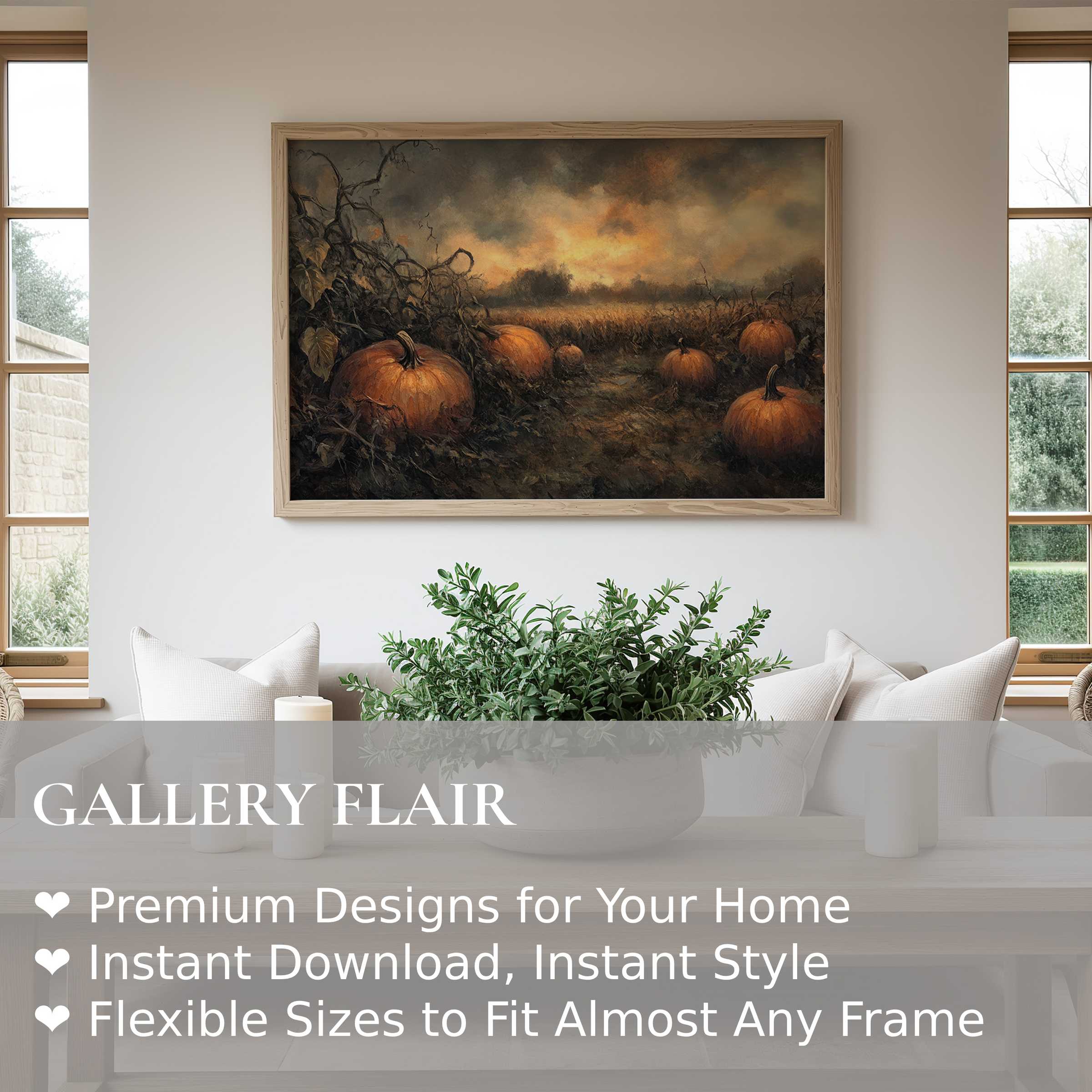 Halloween wall art print featuring a moody pumpkin patch at dusk, enhancing modern farmhouse interiors with bold autumnal warmth and seasonal charm