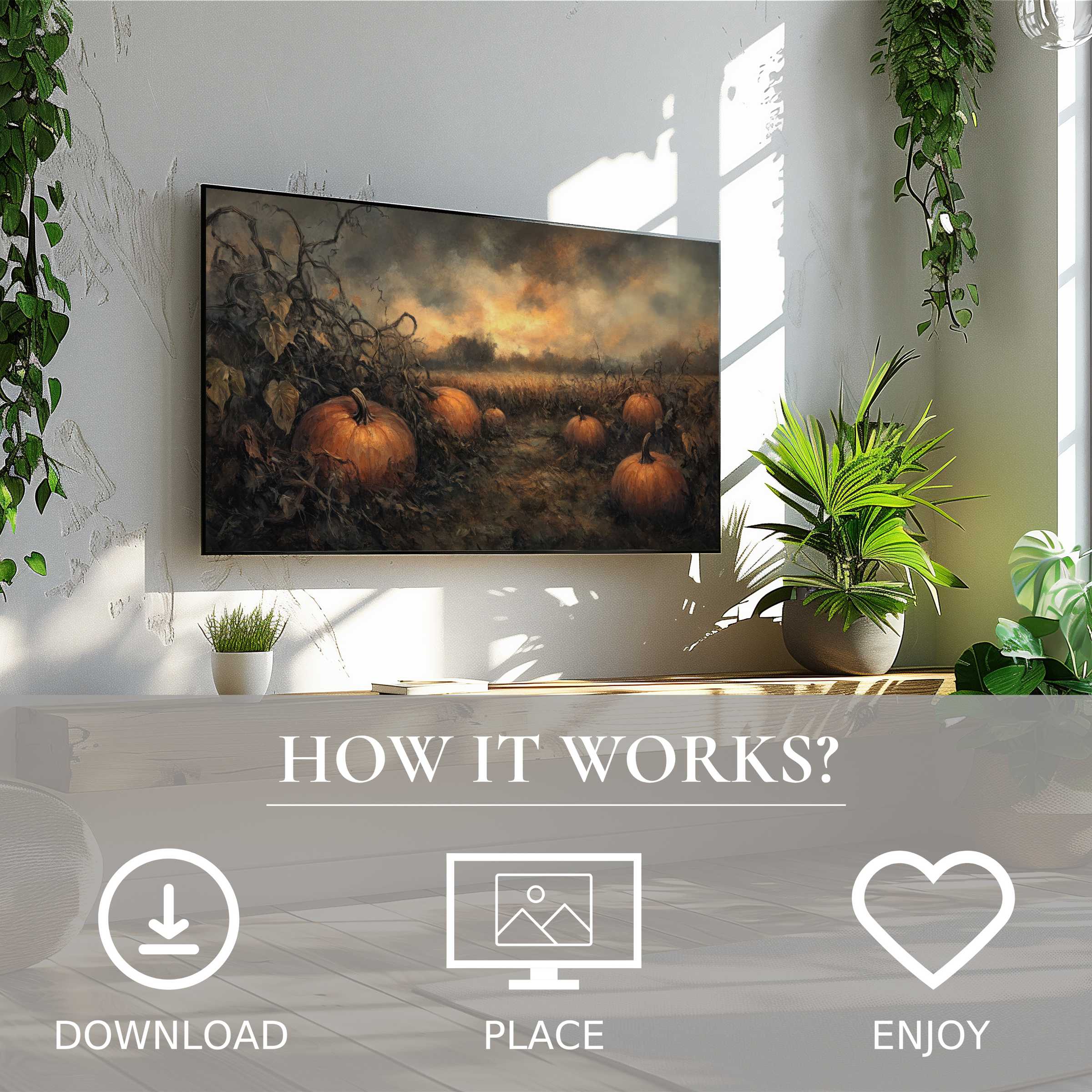 Halloween art for Samsung TV showing moody pumpkin patch tones, easy digital download enriches modern living spaces
