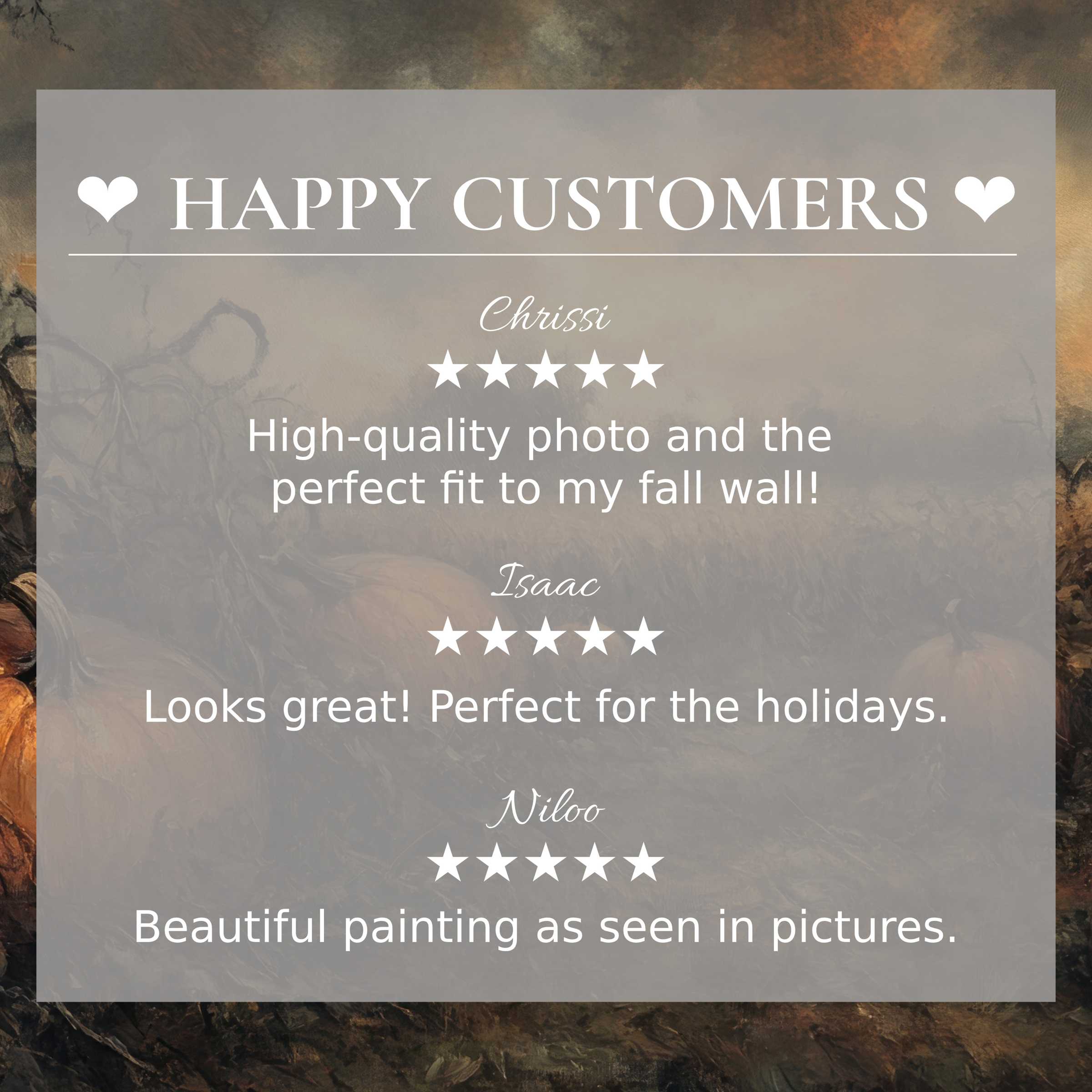 Elegant warm-toned background with pumpkins; halloween art for Frame TV highlights happy customer reviews, building trust