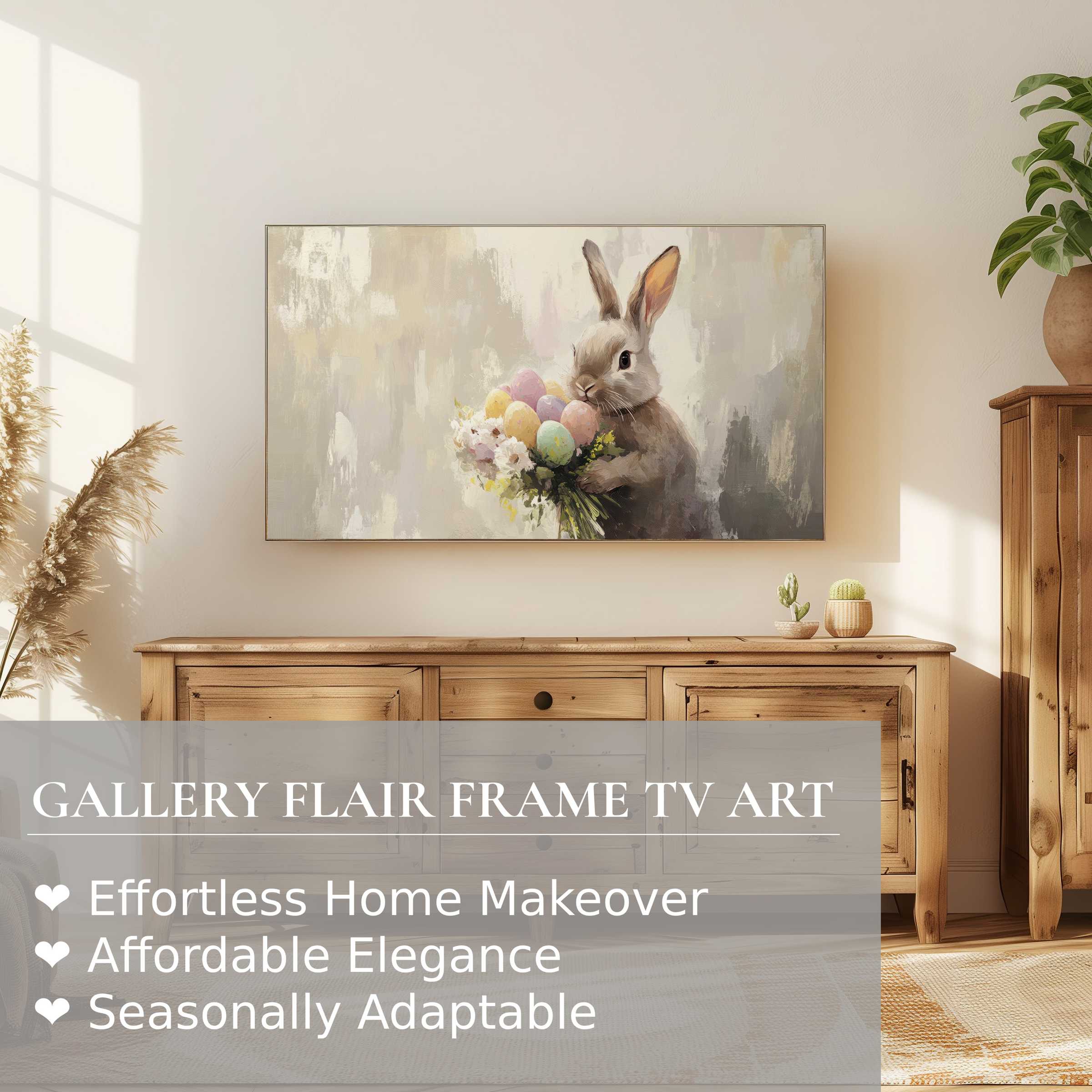 Elegant easter digital artwork of a bunny with eggs on Samsung Frame TV in a warm, modern natural wood setting