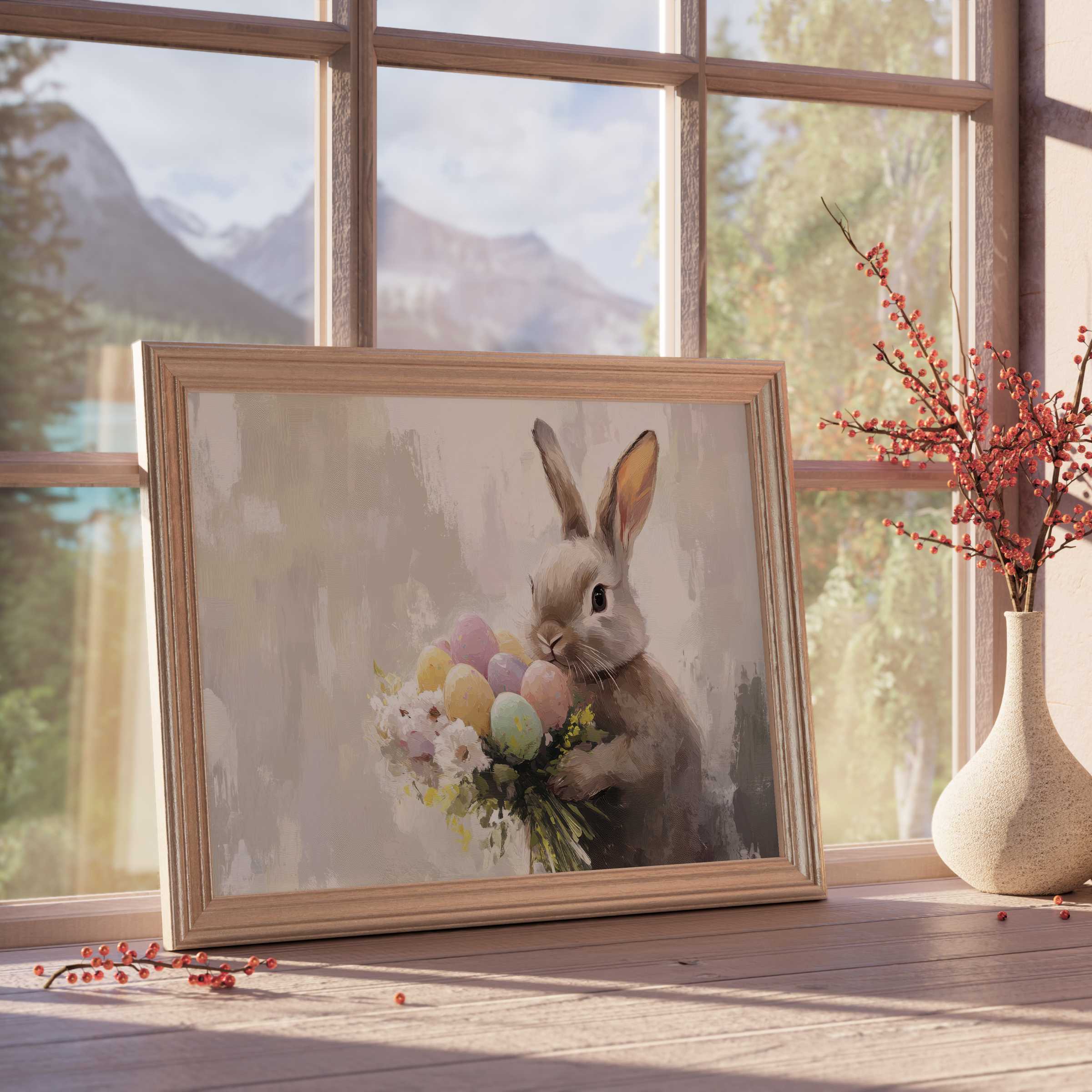Easter downloadable art featuring a serene bunny with pastel eggs, enhancing tranquil, curated interiors with elegant seasonal charm