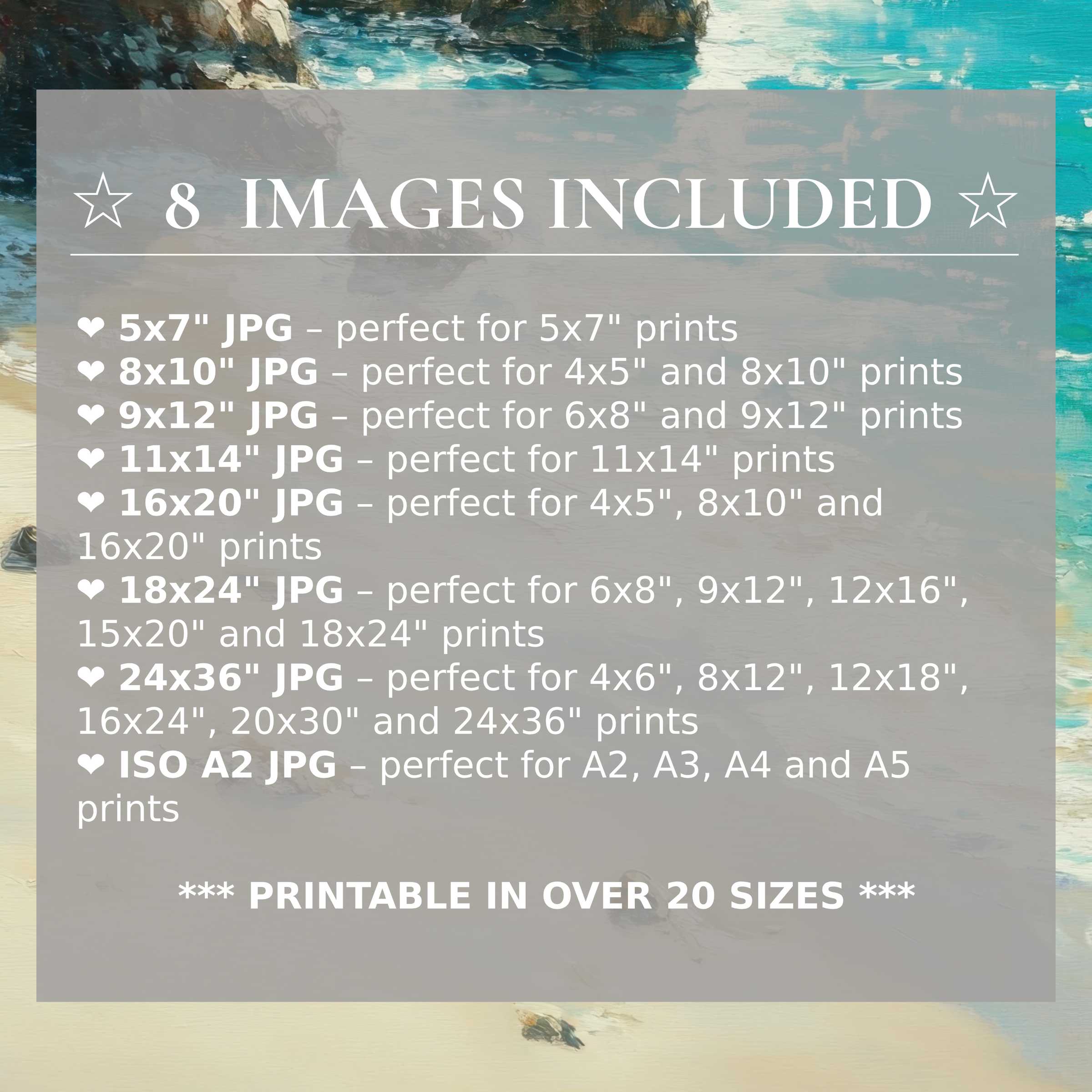 Radiant beach digital print in serene blues and warm neutrals, offered in 8 high-quality sizes to elevate modern interiors with versatile, timeless elegance