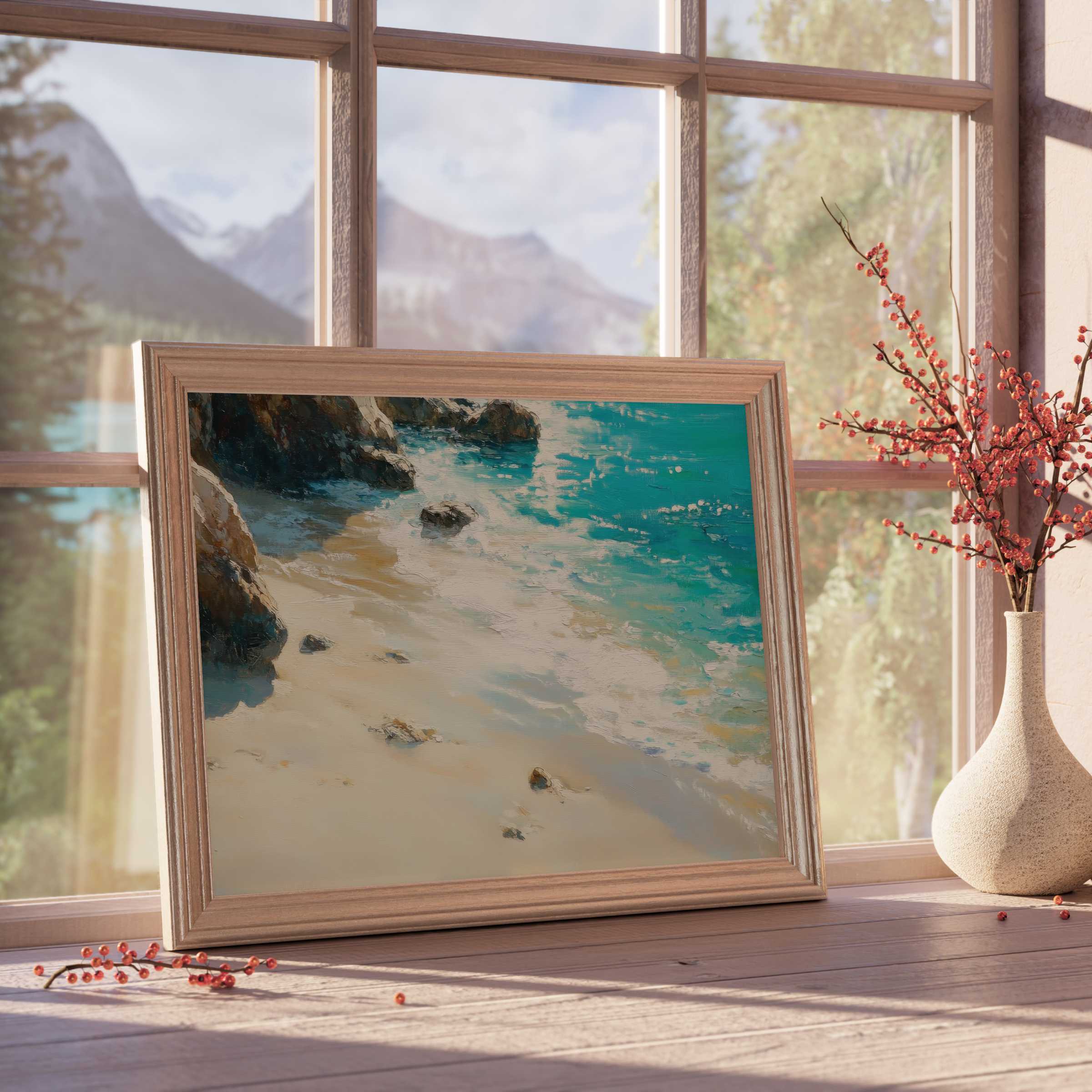 Coastal serenity captured in beach downloadable art, infusing tranquil turquoise waves and sun-kissed sands into curated modern interiors