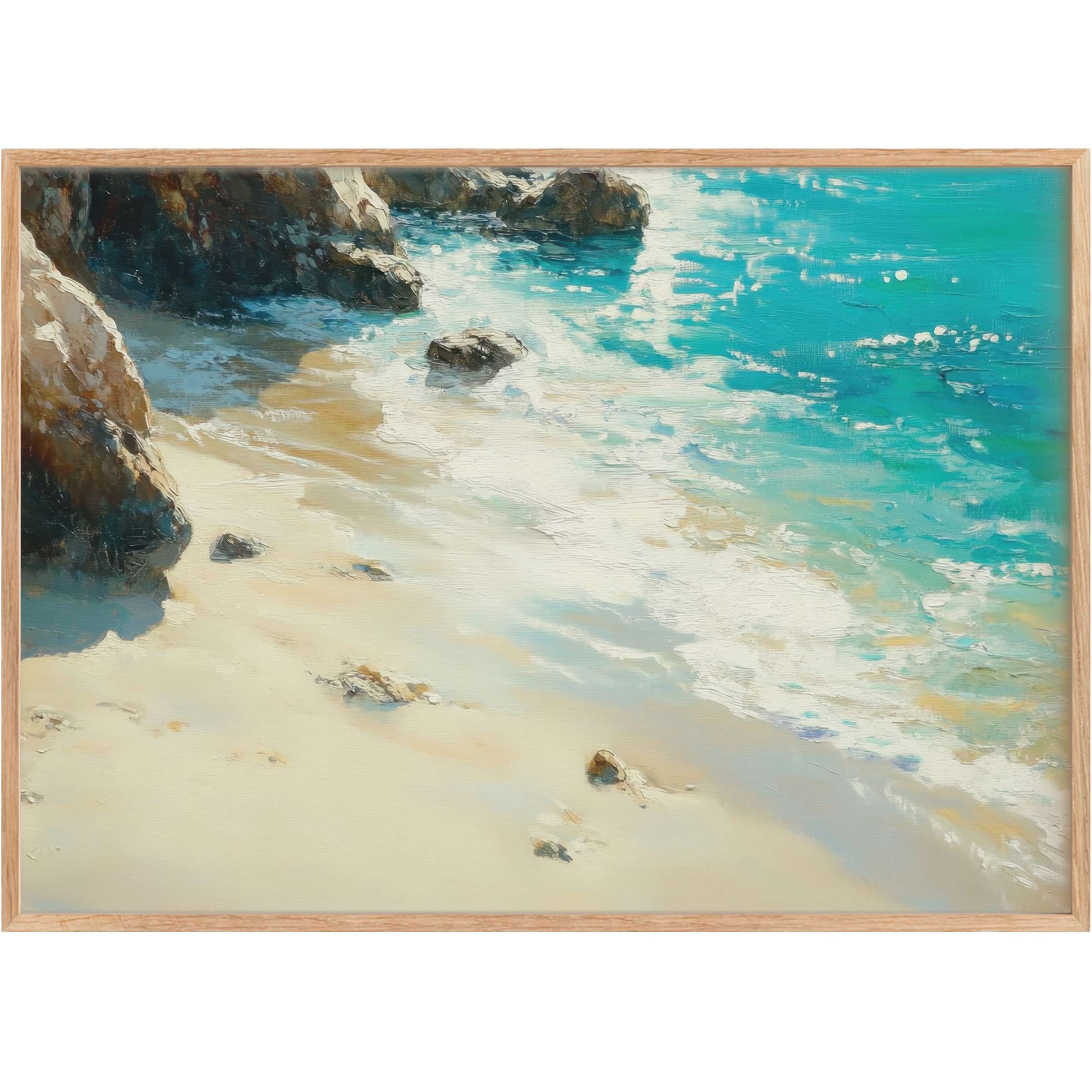 Serene beach printable wall art capturing sunlit turquoise waves kissing soft sandy shores, evoking calm and coastal elegance