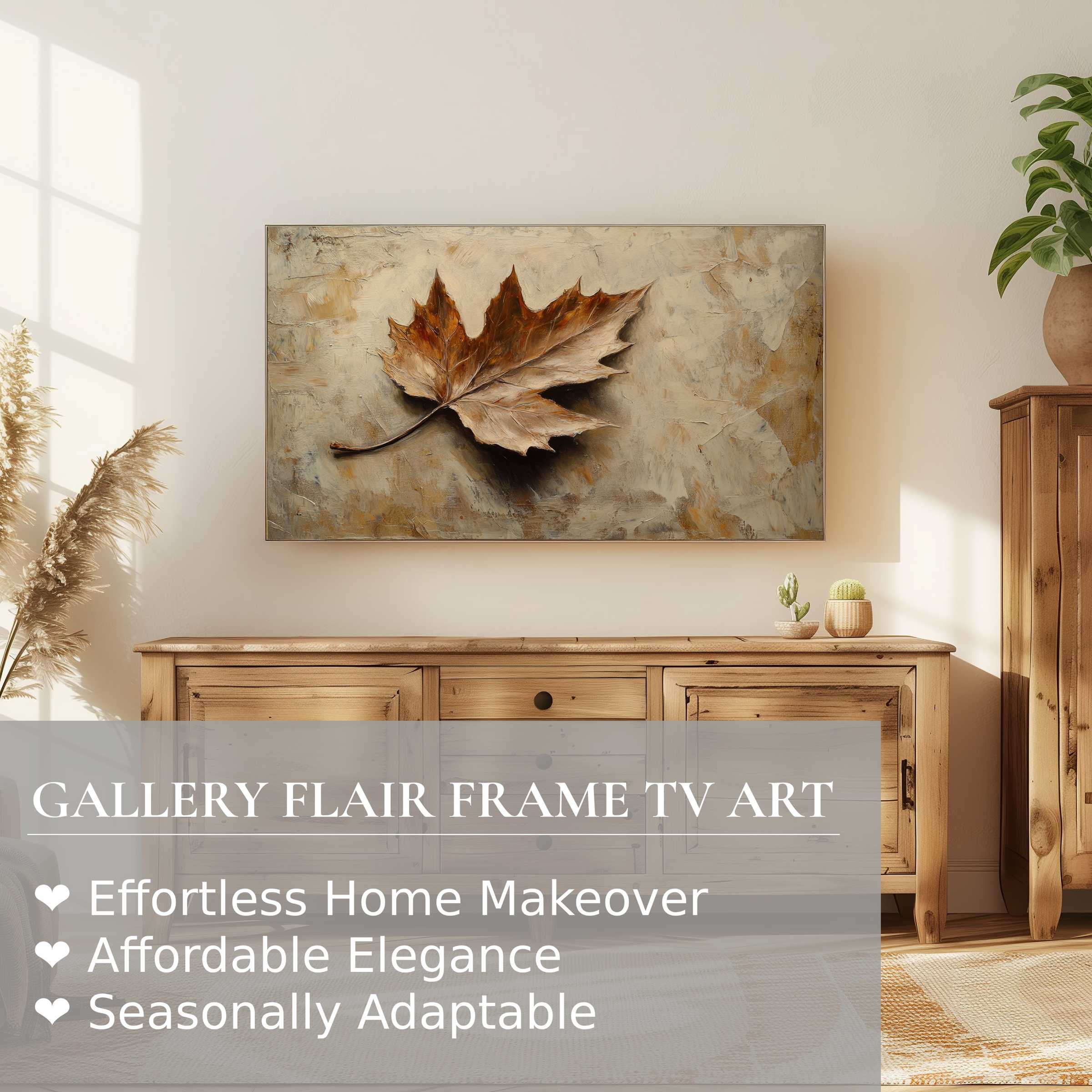 Samsung Frame TV displaying botanical digital artwork of a textured autumn leaf in a warm, elegant setting
