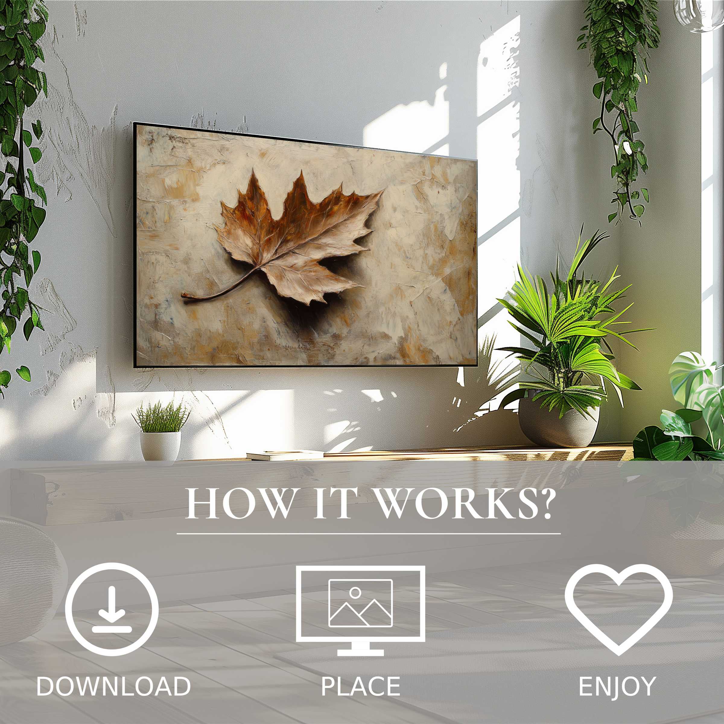 Botanical art for Samsung TV showing a textured brown leaf with warm tones, easy digital download enriches decor