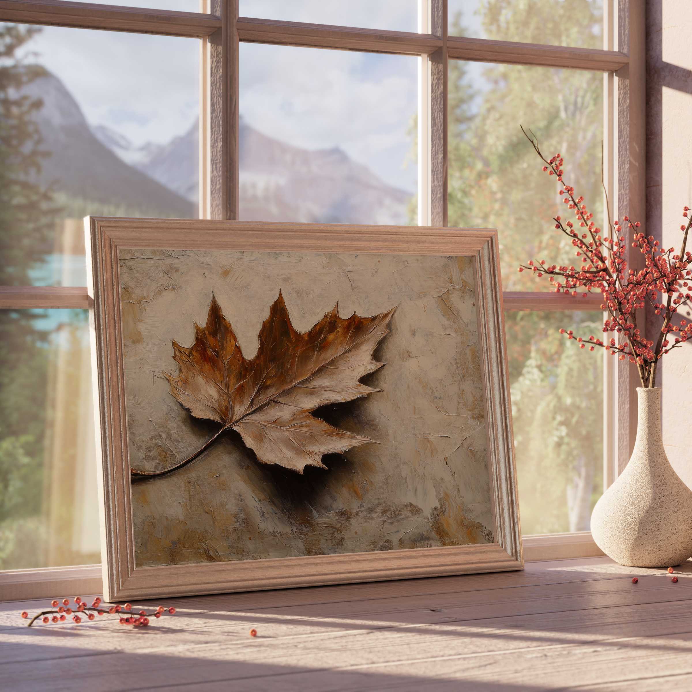 Botanical downloadable art featuring a textured autumn maple leaf, enhancing serene, curated interiors with warm, natural elegance