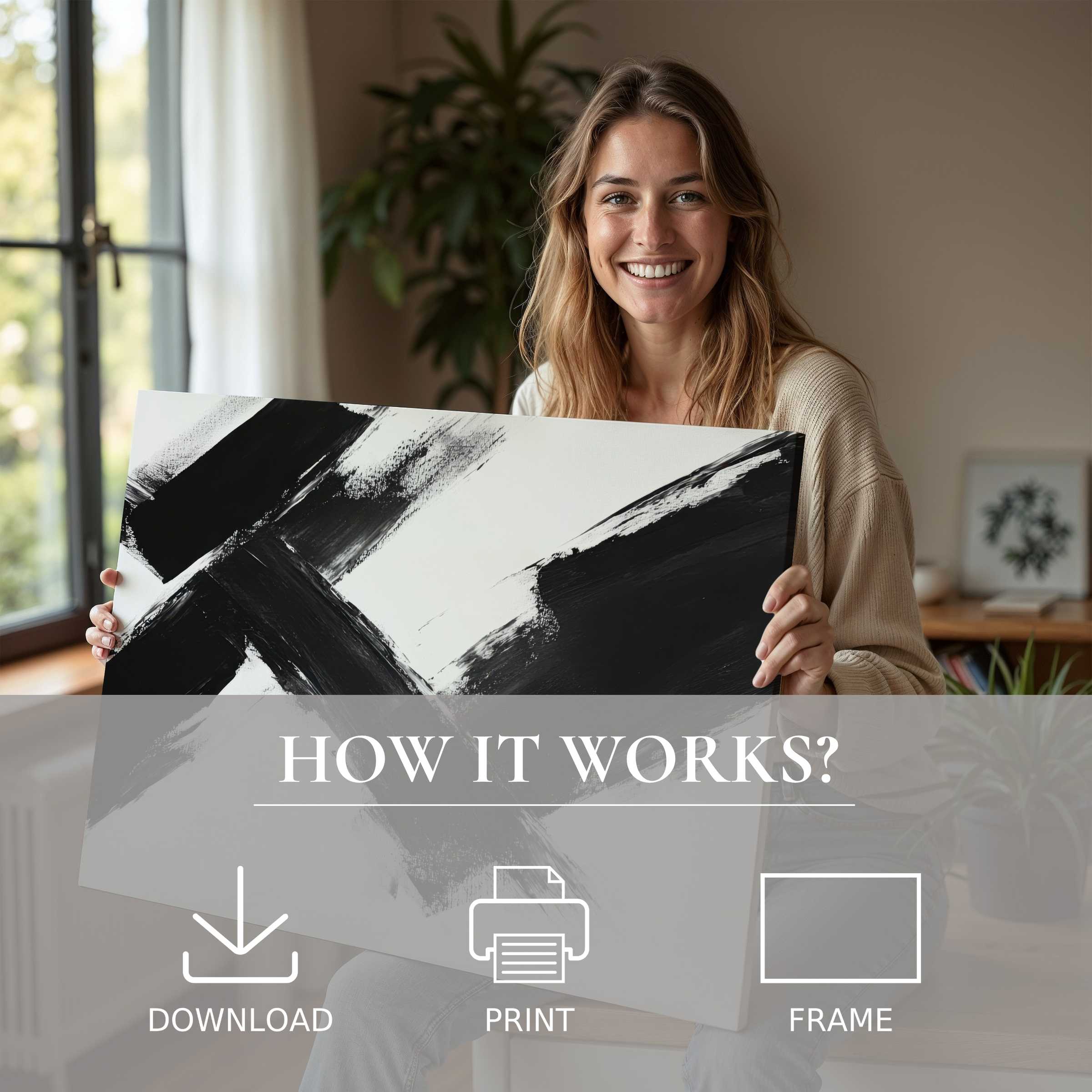 Elegant abstract digital art print embraced in a sunlit, stylish home, inspiring joy and effortless living with art