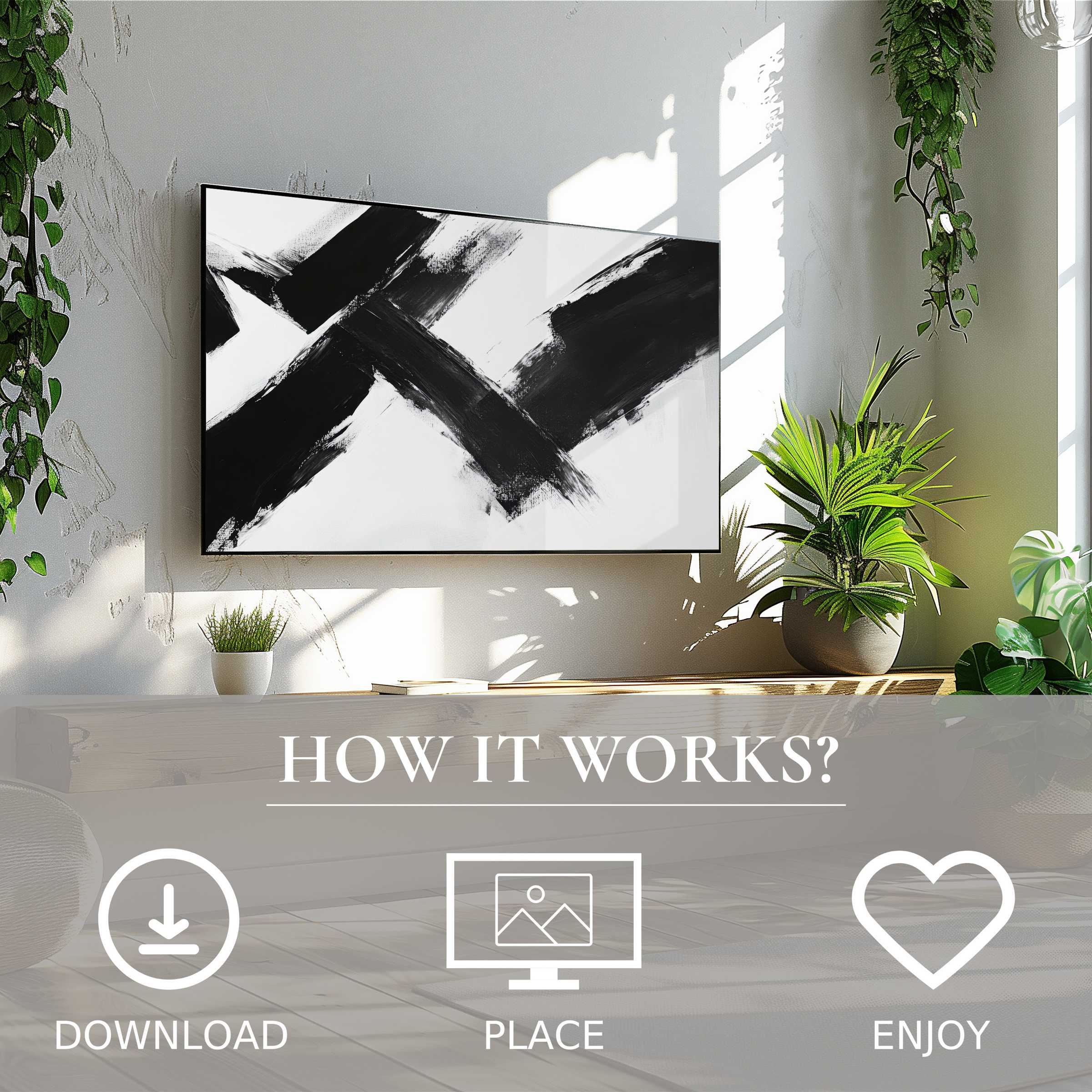 Abstract art for Samsung TV in bright living room; bold black strokes on white, easy digital download enriches space