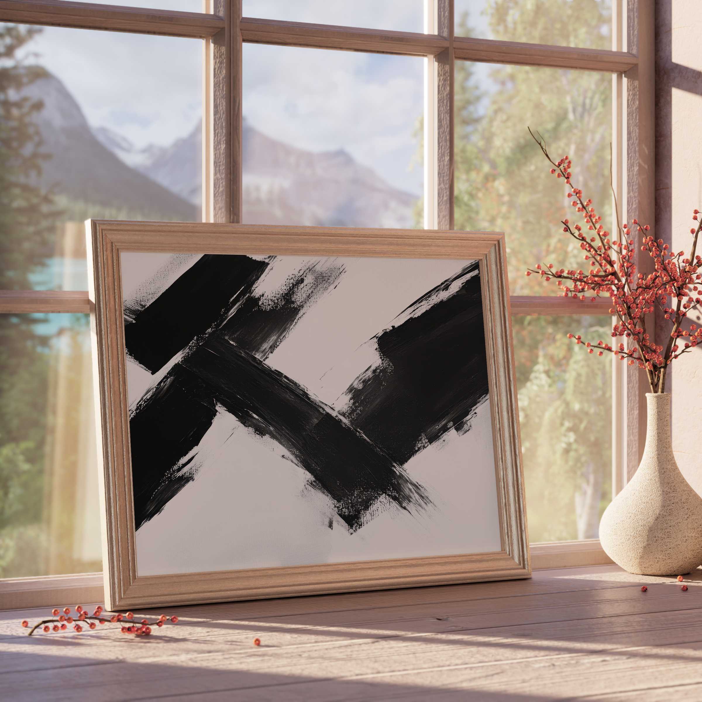 Abstract downloadable art featuring bold black brushstrokes, perfect for elevating curated, tranquil, design-forward interiors