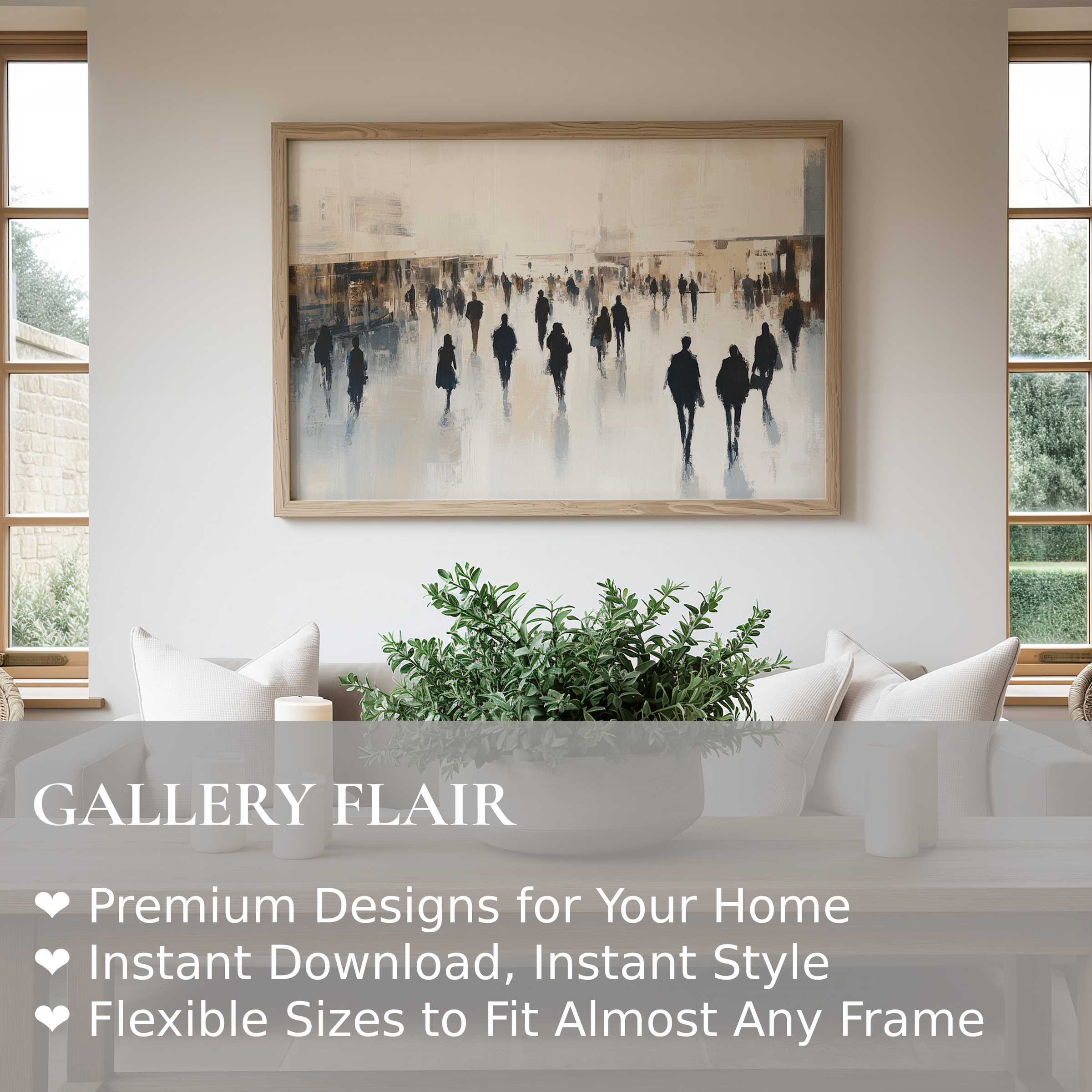 Urban art wall art print featuring a serene, abstract cityscape with silhouettes, enhancing modern, minimalist interiors with bold, calming energy