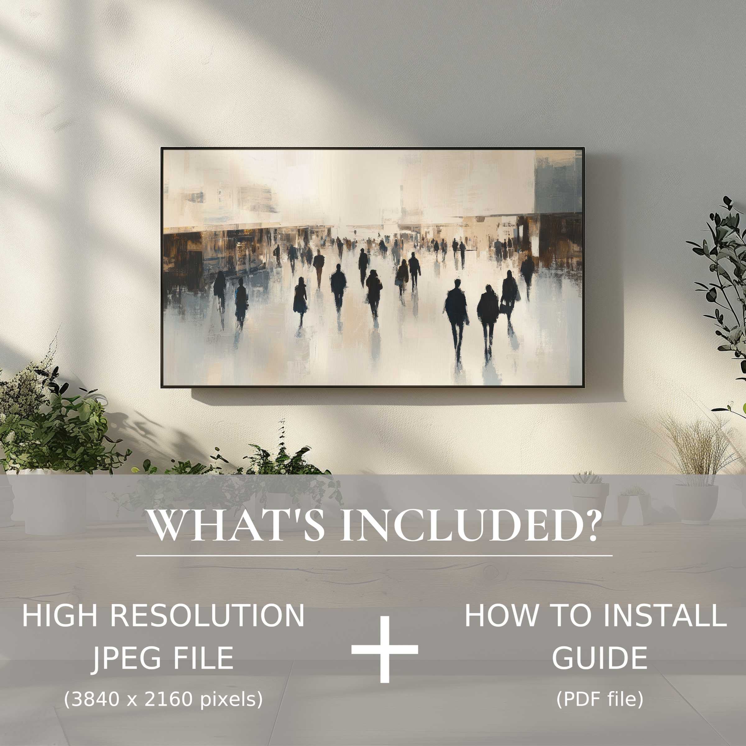 Elegant living room with urban digital TV art download, easy digital use enhances stylish modern spaces