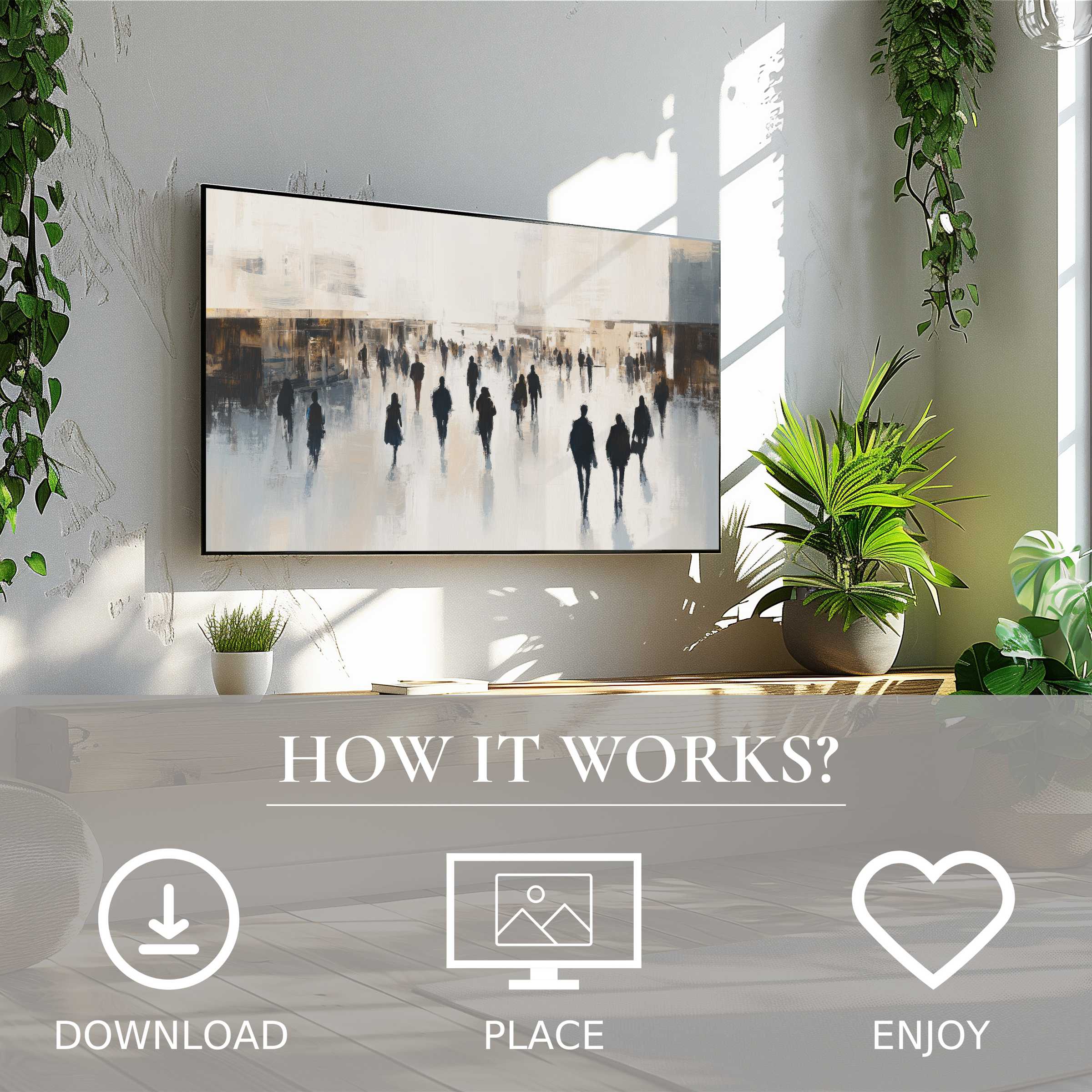 Urban art for Samsung TV: digital download with abstract crowd motif enriches bright, green, modern living spaces effortlessly
