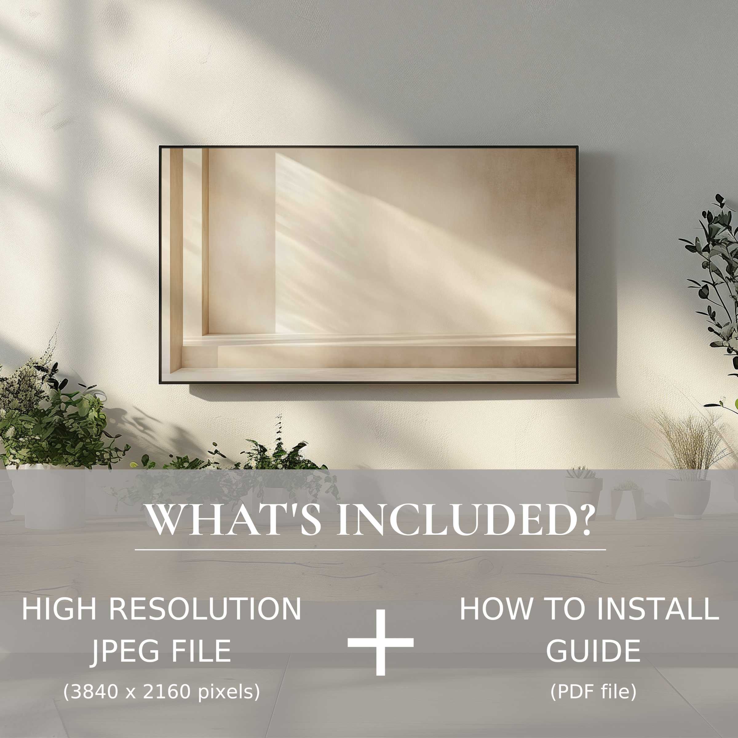 Neutral digital TV art download enhances chic living spaces with effortless digital use and modern minimalist elegance
