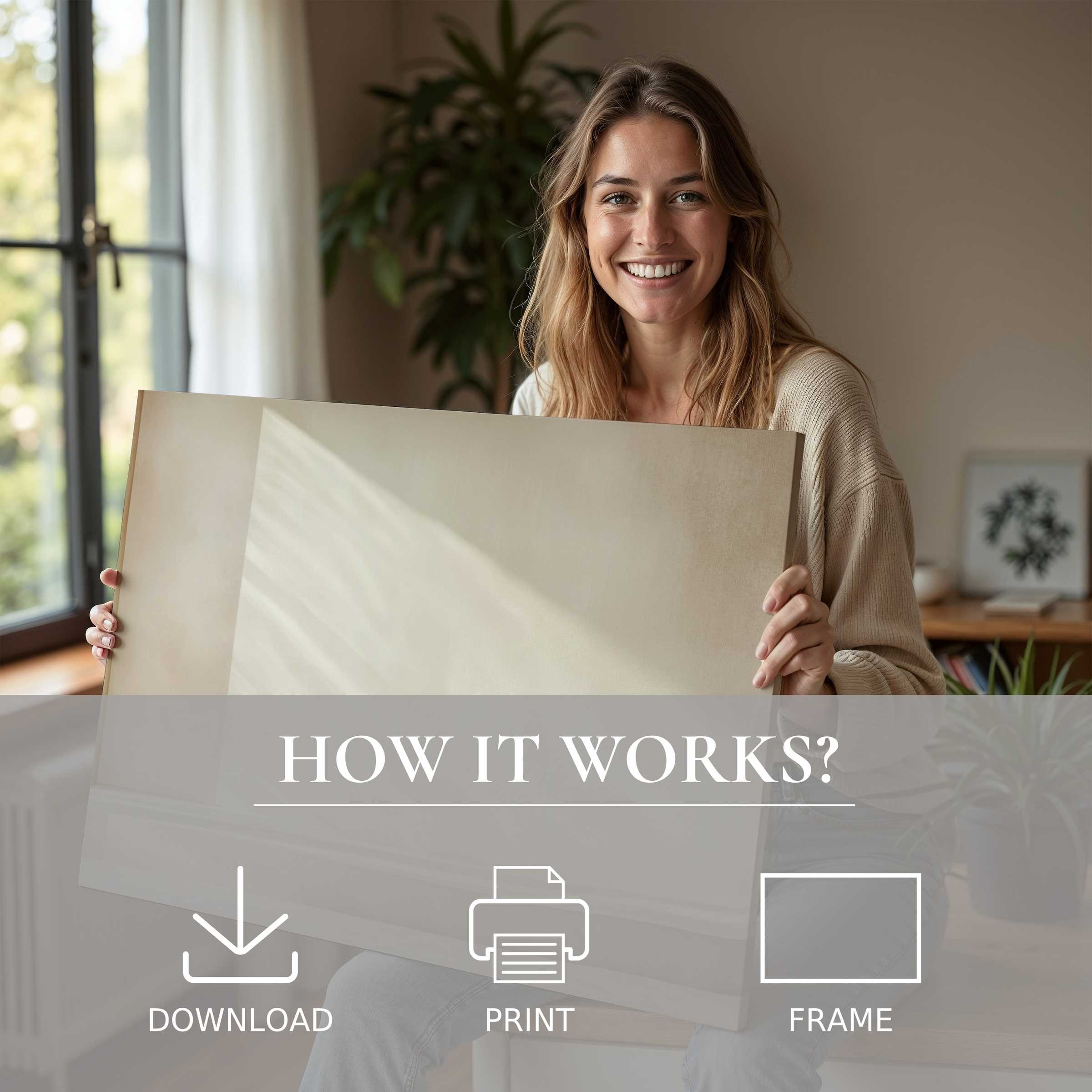 Radiating warmth and ease, this neutral digital art print invites serene connection and joy within a stylish modern home
