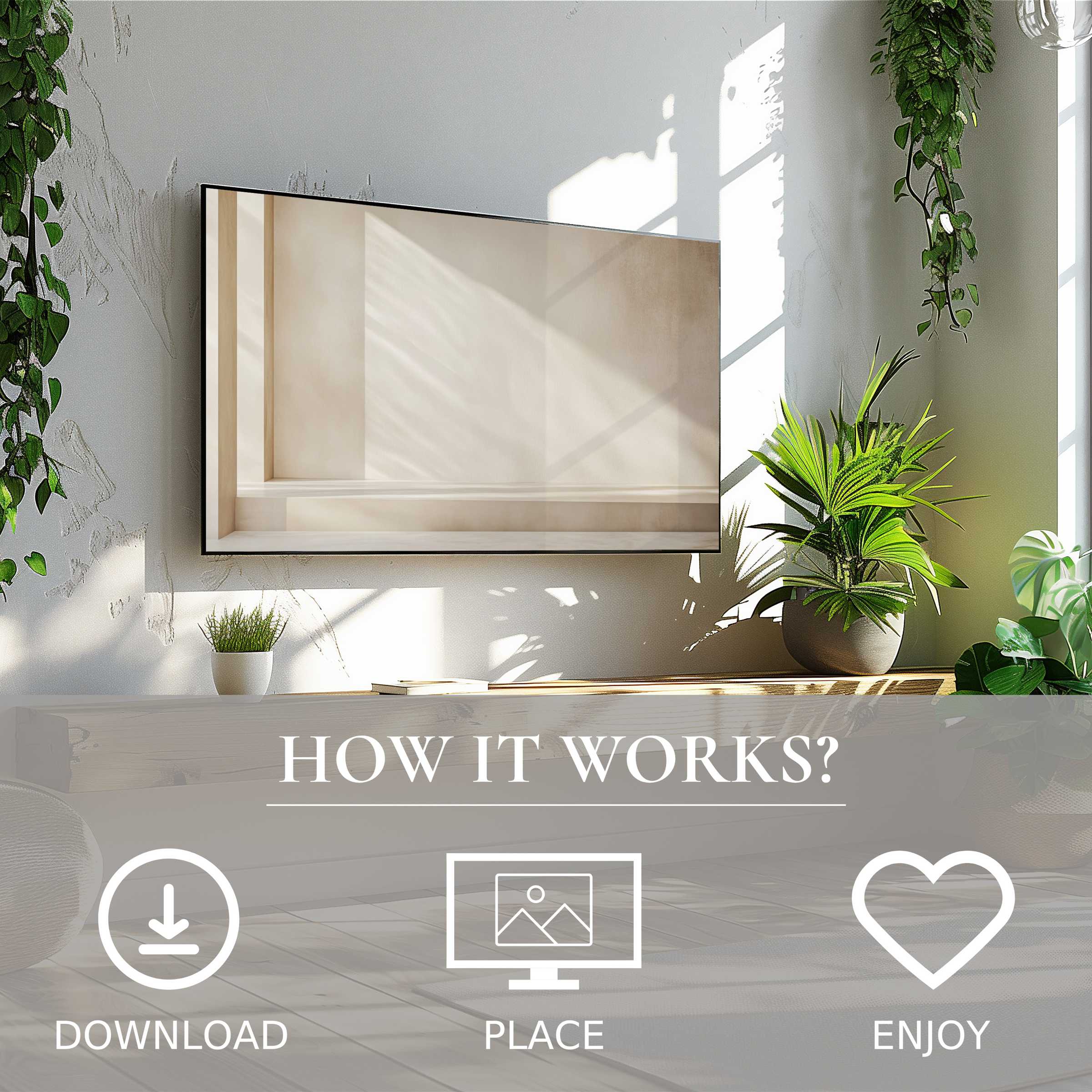 Neutral art for Samsung TV shows soft beige tones, easy digital download, enriching modern living space with calm simplicity