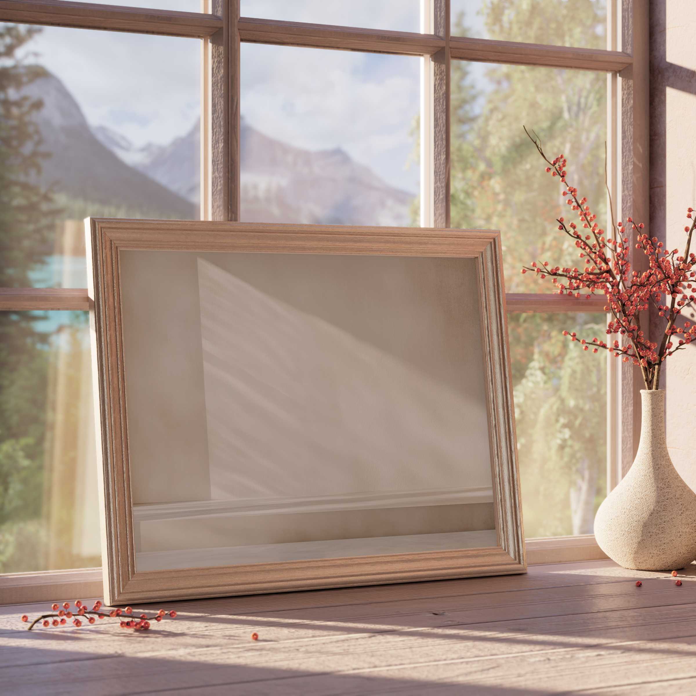 Serene neutral downloadable art framed in natural wood, enhancing calm, curated interiors with warm, elegant minimalism