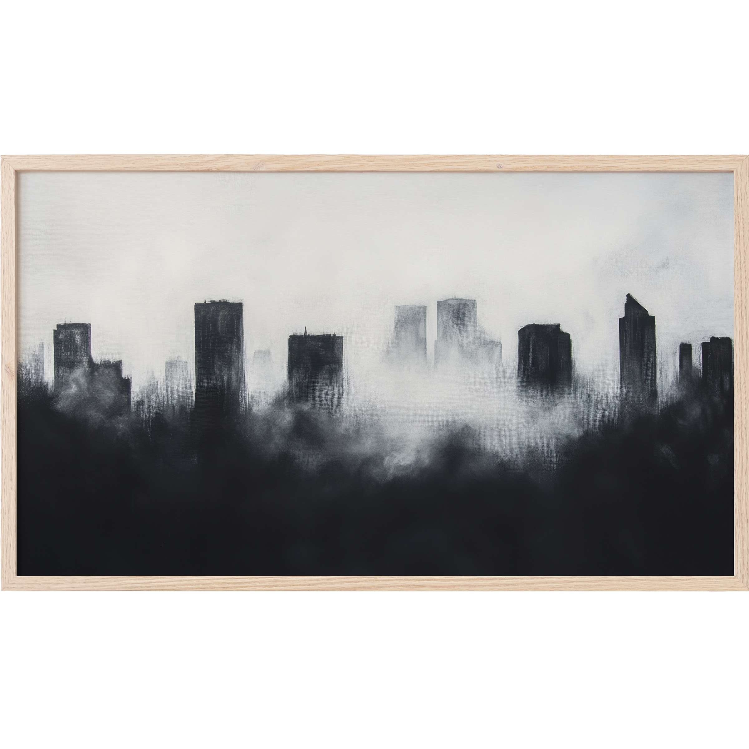 Monochrome cityscape in misty black and gray tones, exuding sleek elegance in modern Frame TV Art style