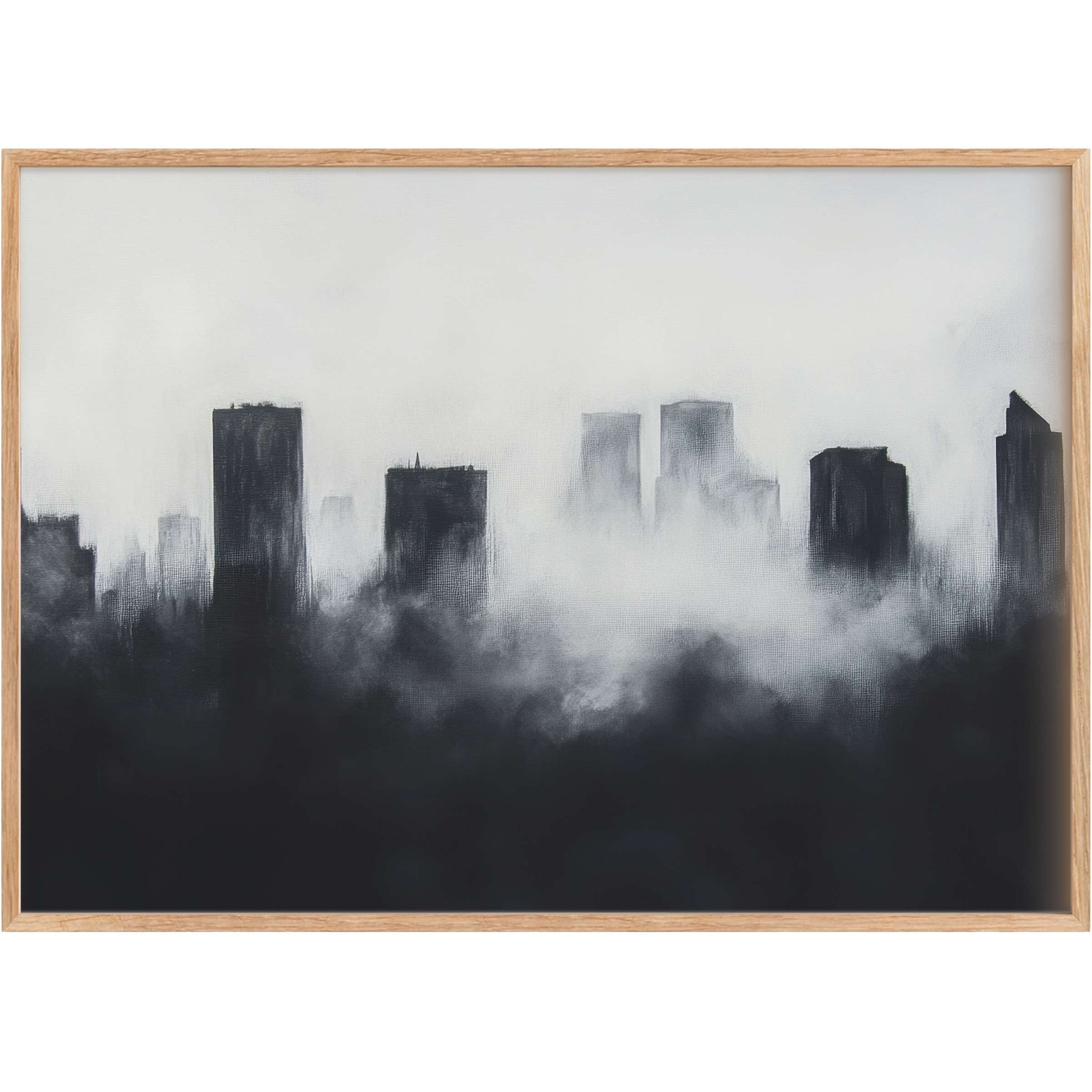 Moody grayscale skyline in mist, a modern printable wall art that infuses spaces with serene elegance and urban mystery