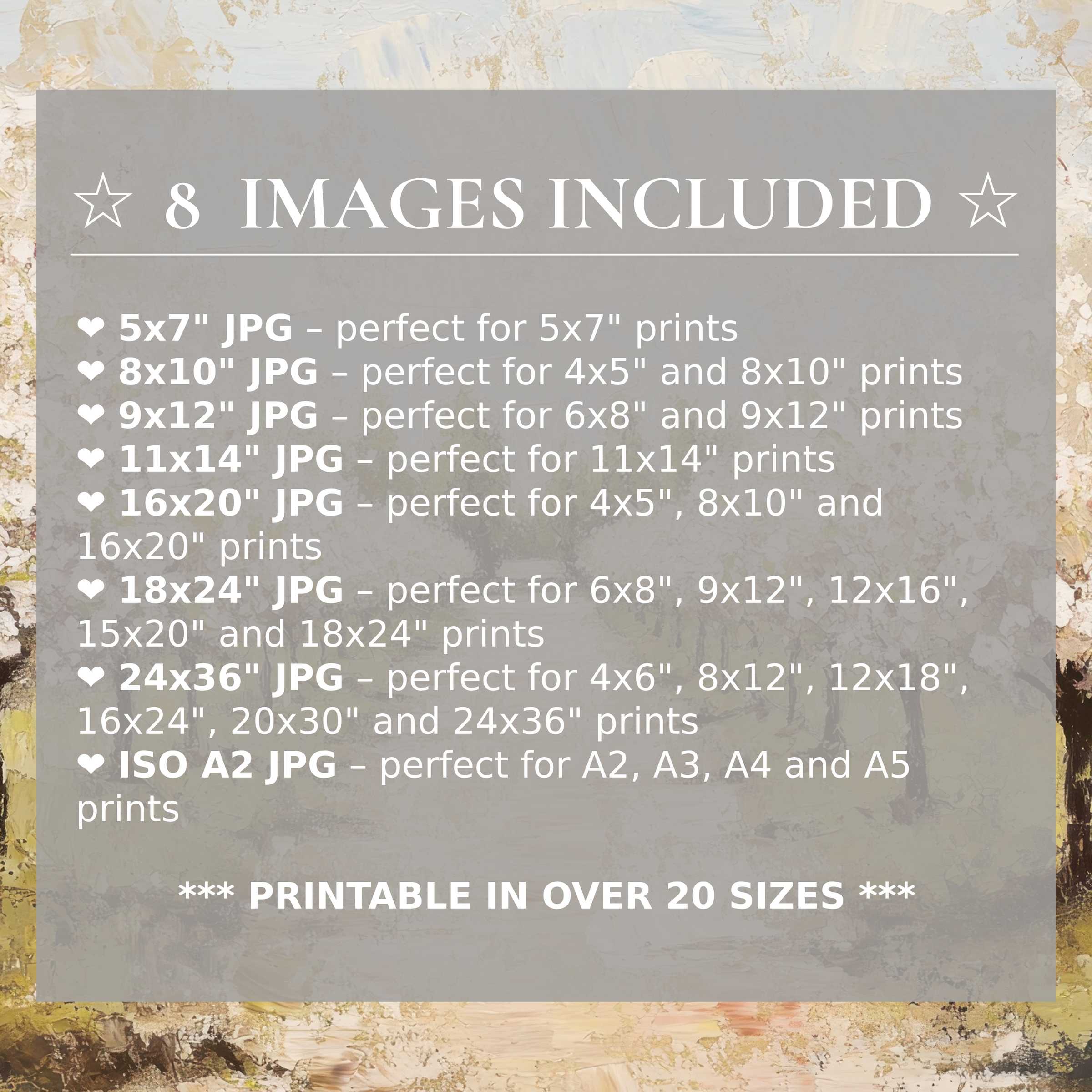 Print size guide showing 8 included JPG formats for versatile wall art printing – perfect for framing in popular sizes from 5x7 to 24x36 and A2
