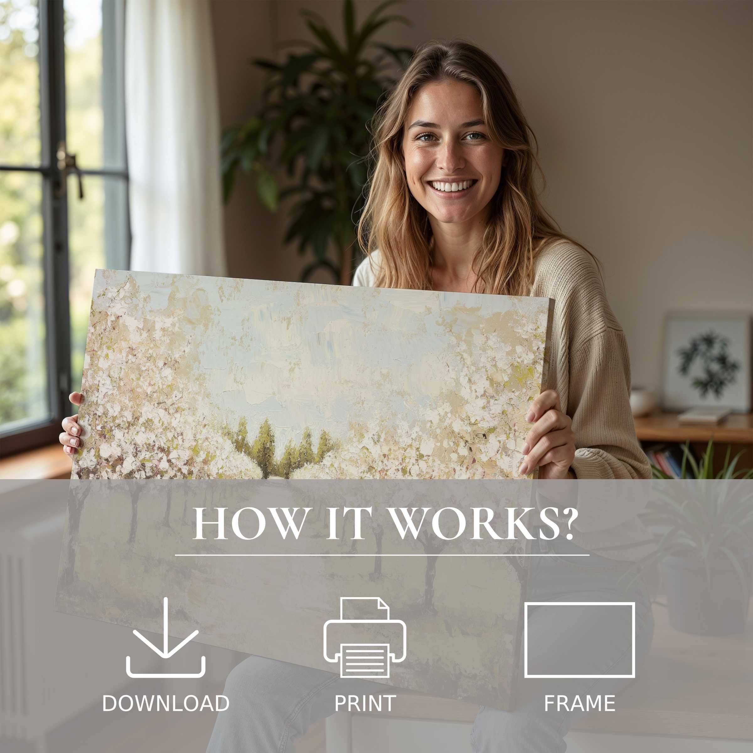 Radiant joy unfolds in a modern home as a woman embraces a tree digital art print, blending ease and serene beauty