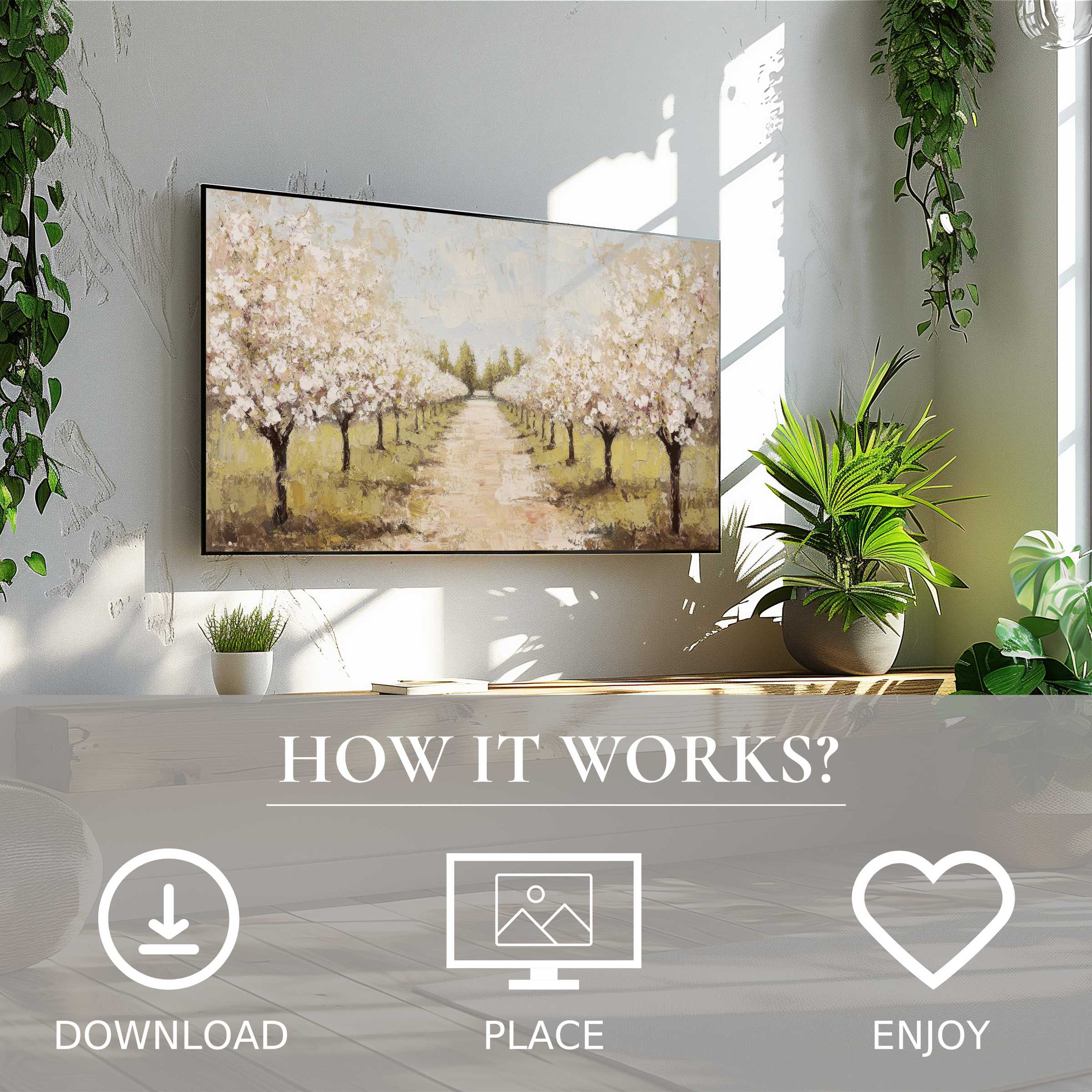 Tree art for Samsung TV shows soft pastel blossom motif; easy digital download enriches sleek modern living spaces