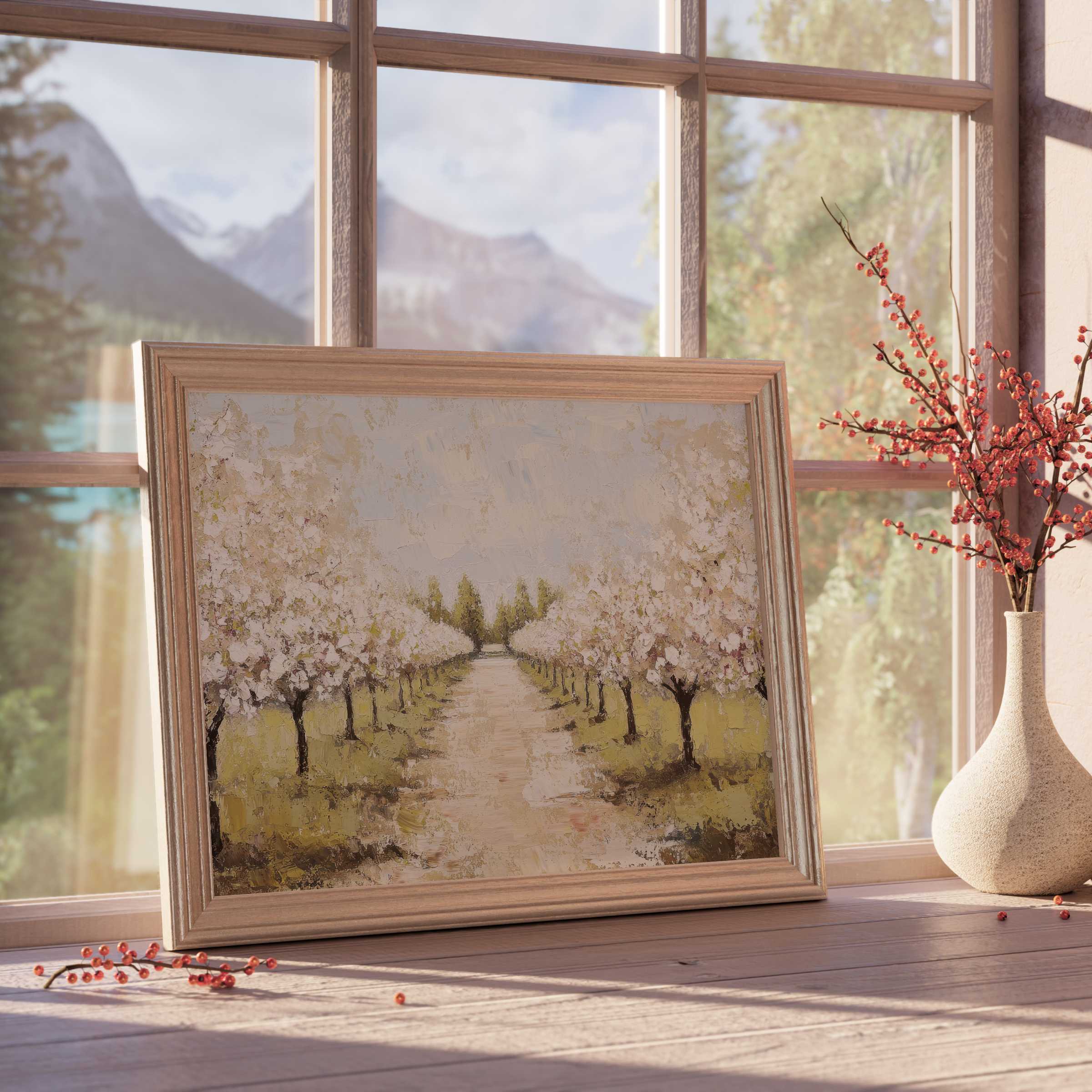 Serene tree downloadable art capturing blossoming orchard tranquility, elevating curated modern interiors with soft textures and warm natural light